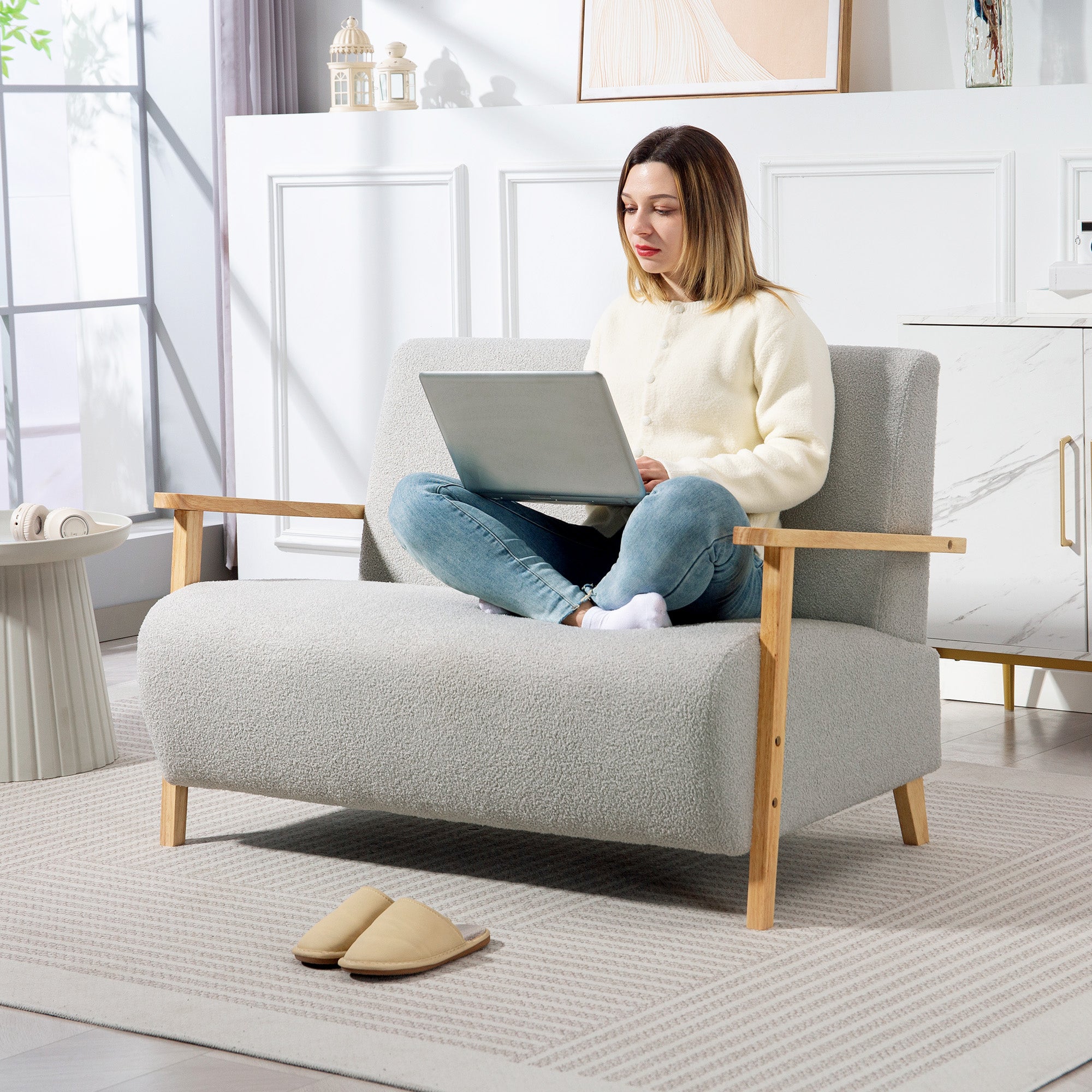 HOMCOM Small Sherpa Fabric 2 Seater Sofa Settee - Light Grey