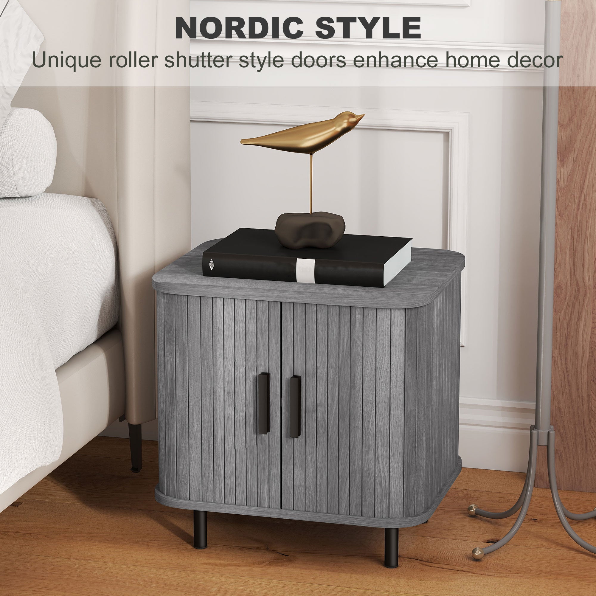 HOMCOM Bedside Table, Nordic Side Table with Roller Shutter Style Sliding Doors and Metal Legs for Bedroom, Living Room, Grey
