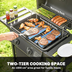 Outsunny Gas Burner Barbecue Grill, 2 Burner Gas Grill with Side Tables, Warming Rack, Shelf, Thermometer, Grease Tray, Black