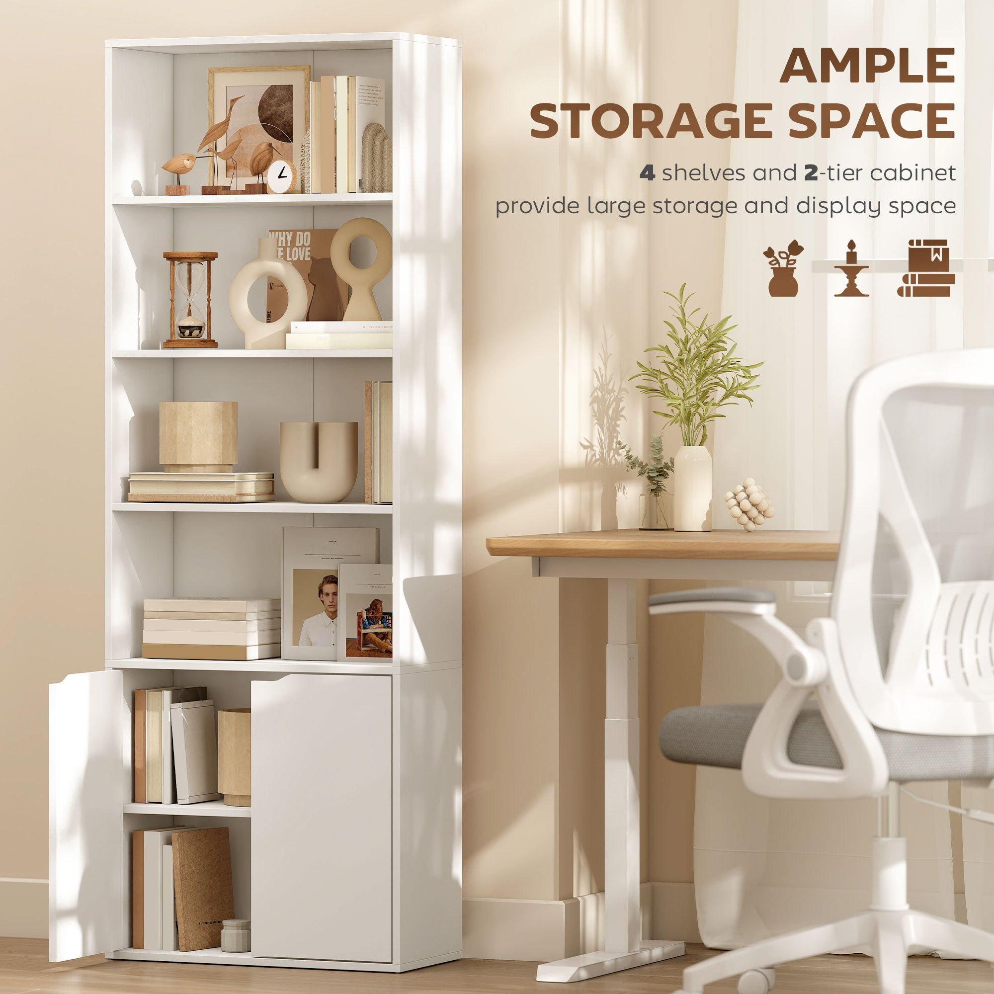 HOMCOM 6-Tier Tall Bookcase, Bookshelf with 4 Open Shelves and Double Door Storage Cabinet, Freestanding Display Rack for Living Room, Bedroom, Home Office, Study, 59 x 29 x 180cm, White