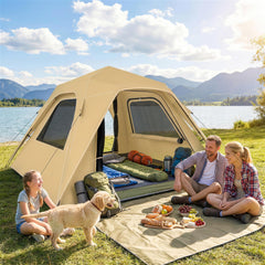 Outsunny Pop Up Tent 3000mm Waterproof Camping Tents with Mesh Windows 3-4 People Khaki
