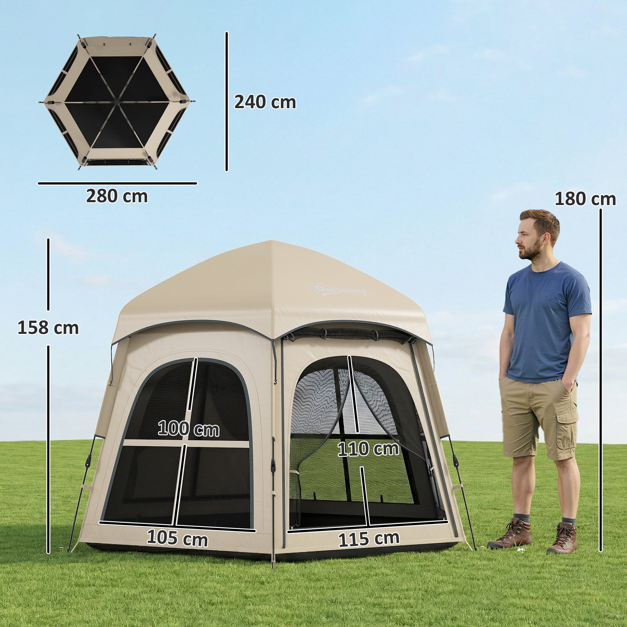 Outsunny Pop Up Tent 3000mm Waterproof Instant Camping Tent 3-4 Person with 2 Doors 4 Windows Khaki