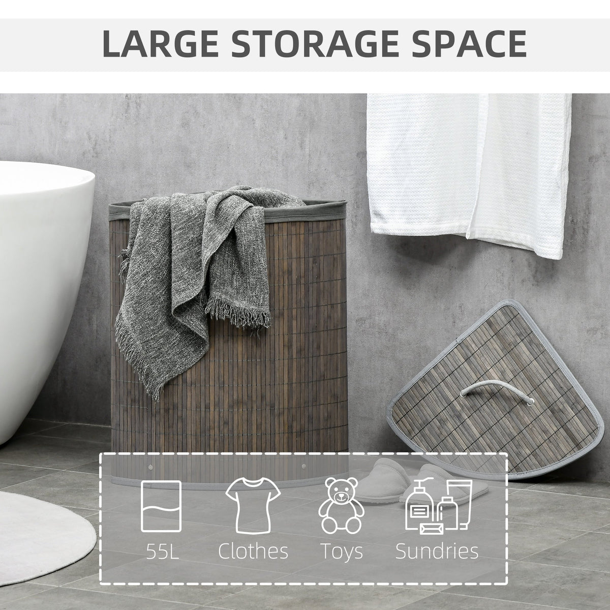 HOMCOM Bamboo Laundry Basket with Lid, 55 Litres Laundry Hamper with Removable Washable Lining, Corner Washing Baskets, 38 x 38 x 57cm, Grey