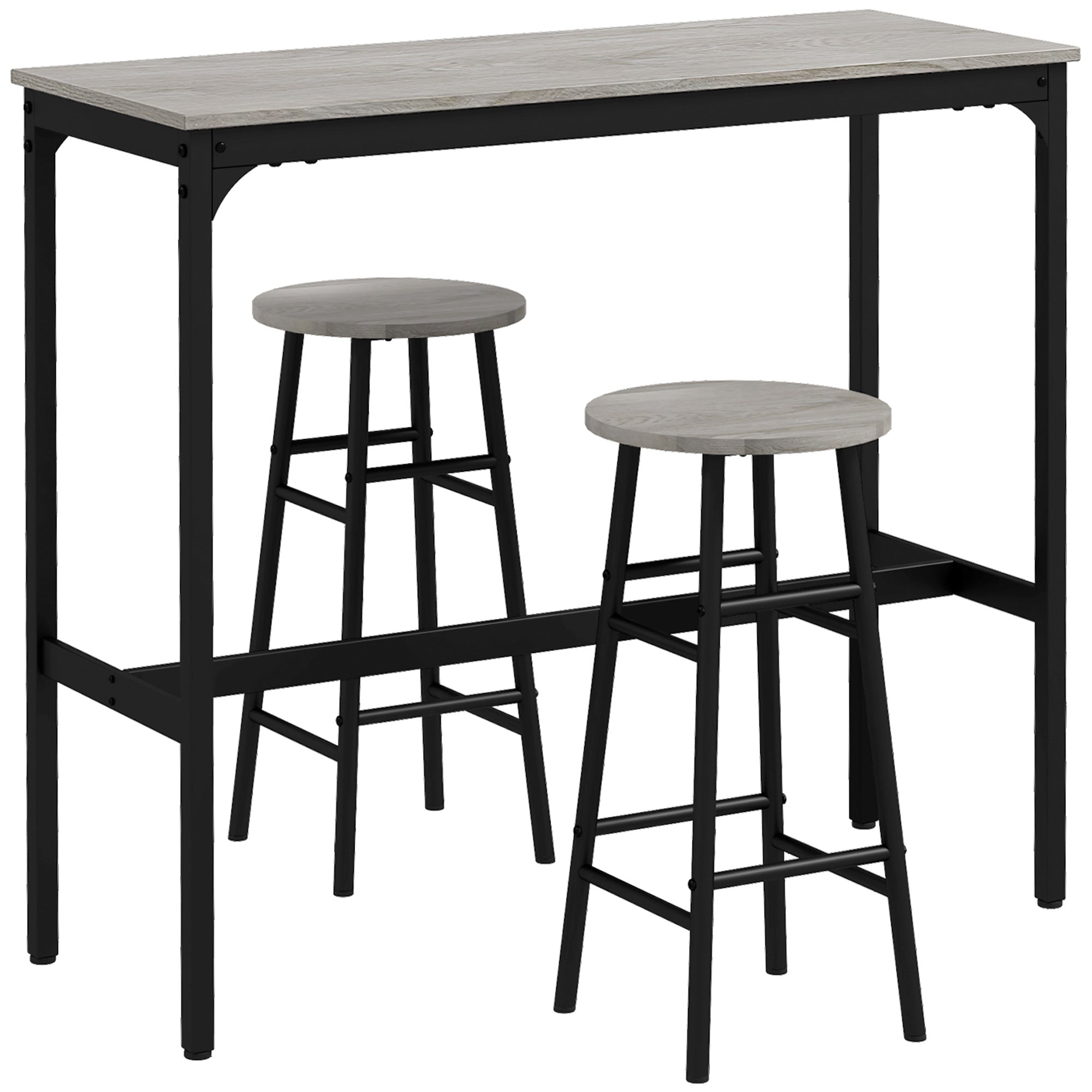 HOMCOM 3 Piece Bar Table Set with 2 Stools, Industrial Bar Table and Stool Set, Dining Table and Chair Set, Grey