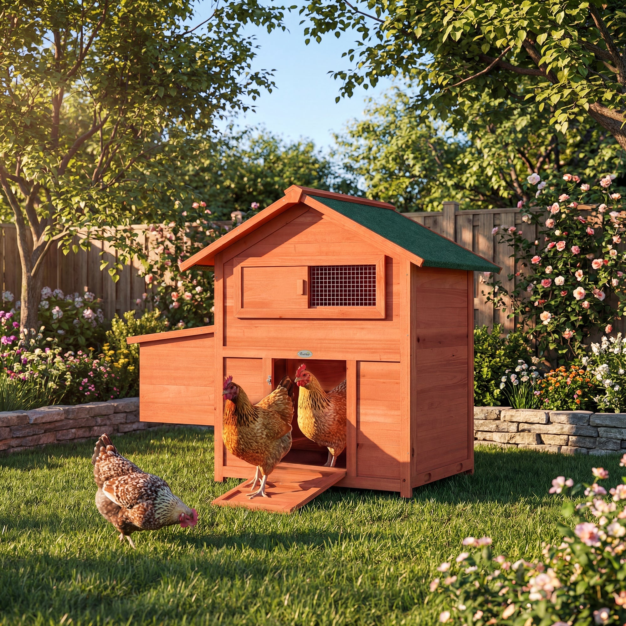 PawHut Chicken Coop, Wooden Hen House with Nesting Box, Pull-Out Tray, Sliding Window, Waterproof Roof, Perches and Ramp