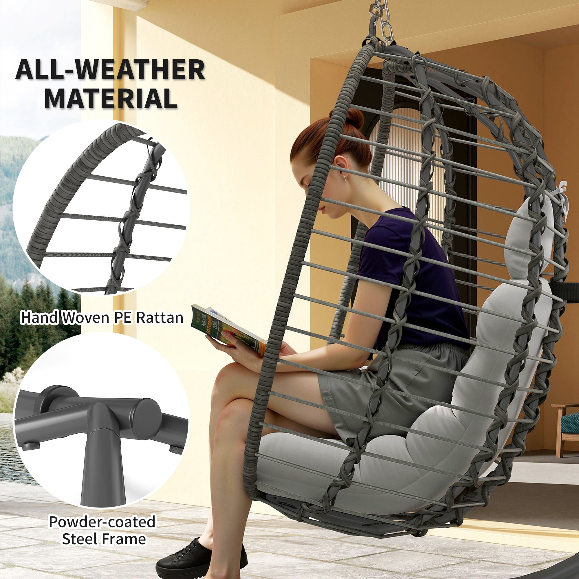 Outsunny Rattan Hanging Egg Chair, Foldable Wicker Hammock Swing Chair with Cushion, Stand, Adjustable Height, Head Pillow, Steel Frame for Garden Patio Indoor Outdoor, Light Grey
