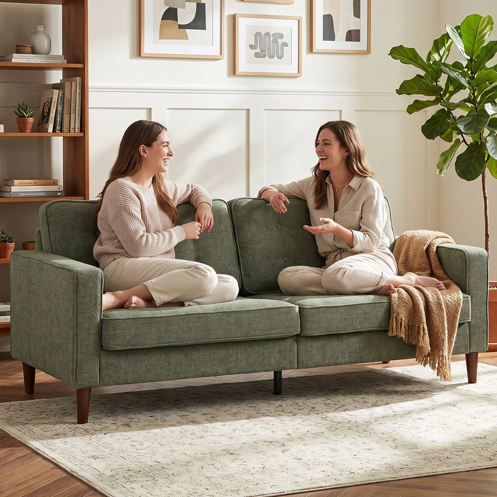 HOMCOM 3 Seater Sofa Button Tufted Upholstered Couch with Wood Legs for Living Room, Green