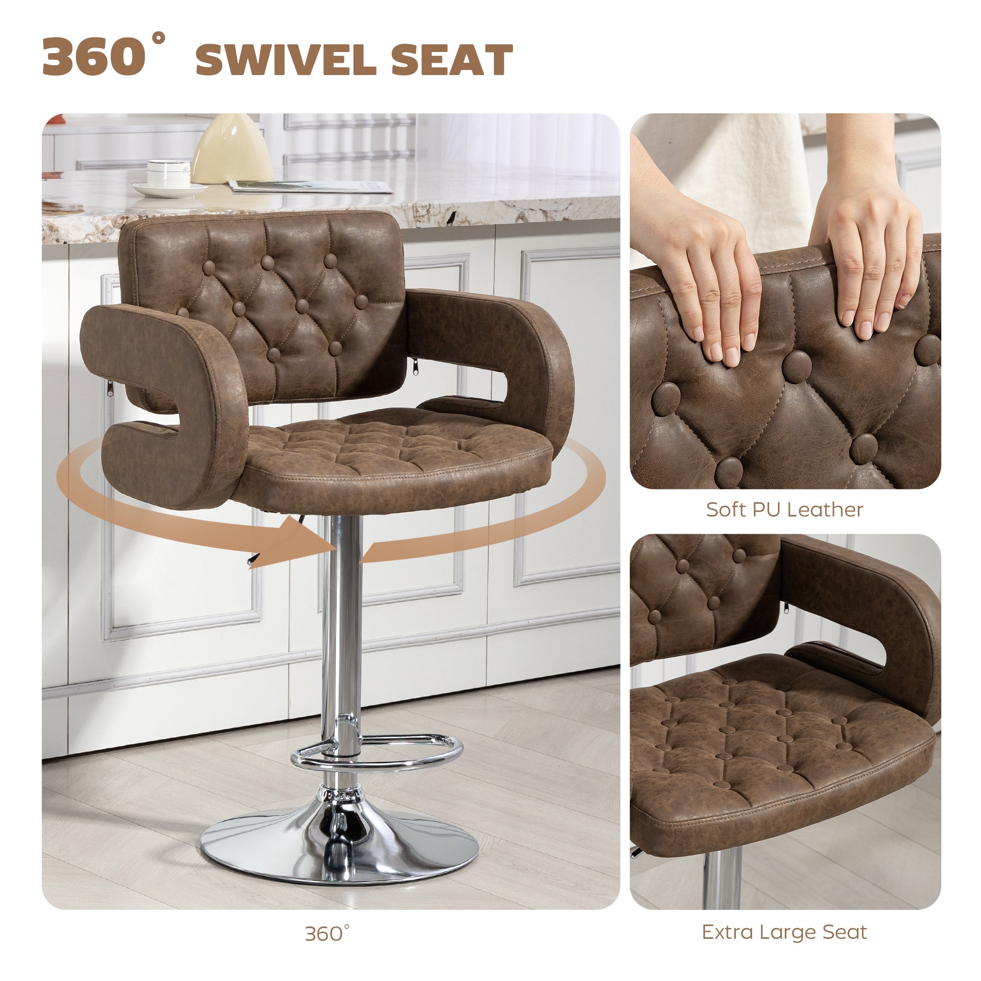 HOMCOM PU Leather Upholstered Swivel Bar Stool, Height Adjustable with Back, Armrest, Footrest, Coffee
