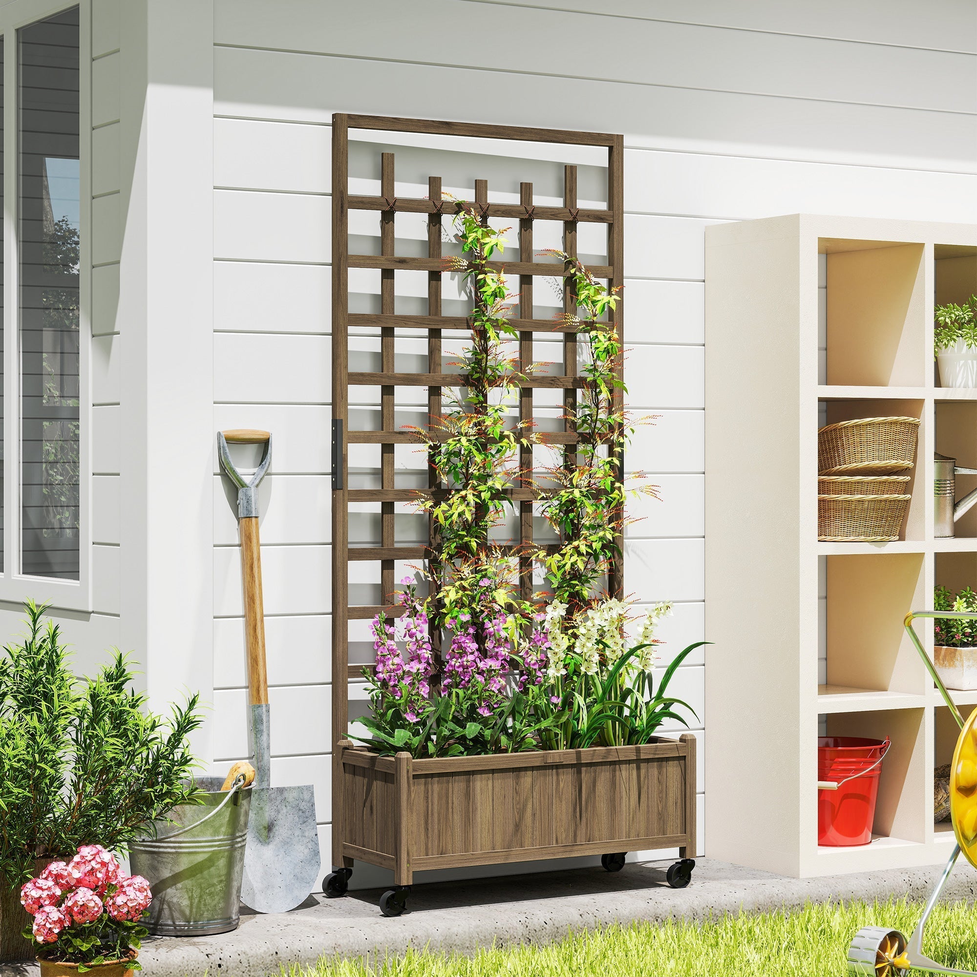 Outsunny Wooden Trellis Planter, Raised Garden Bed with Wheels, to Climb and Grow Vegetables, Herbs and Flowers, Brown