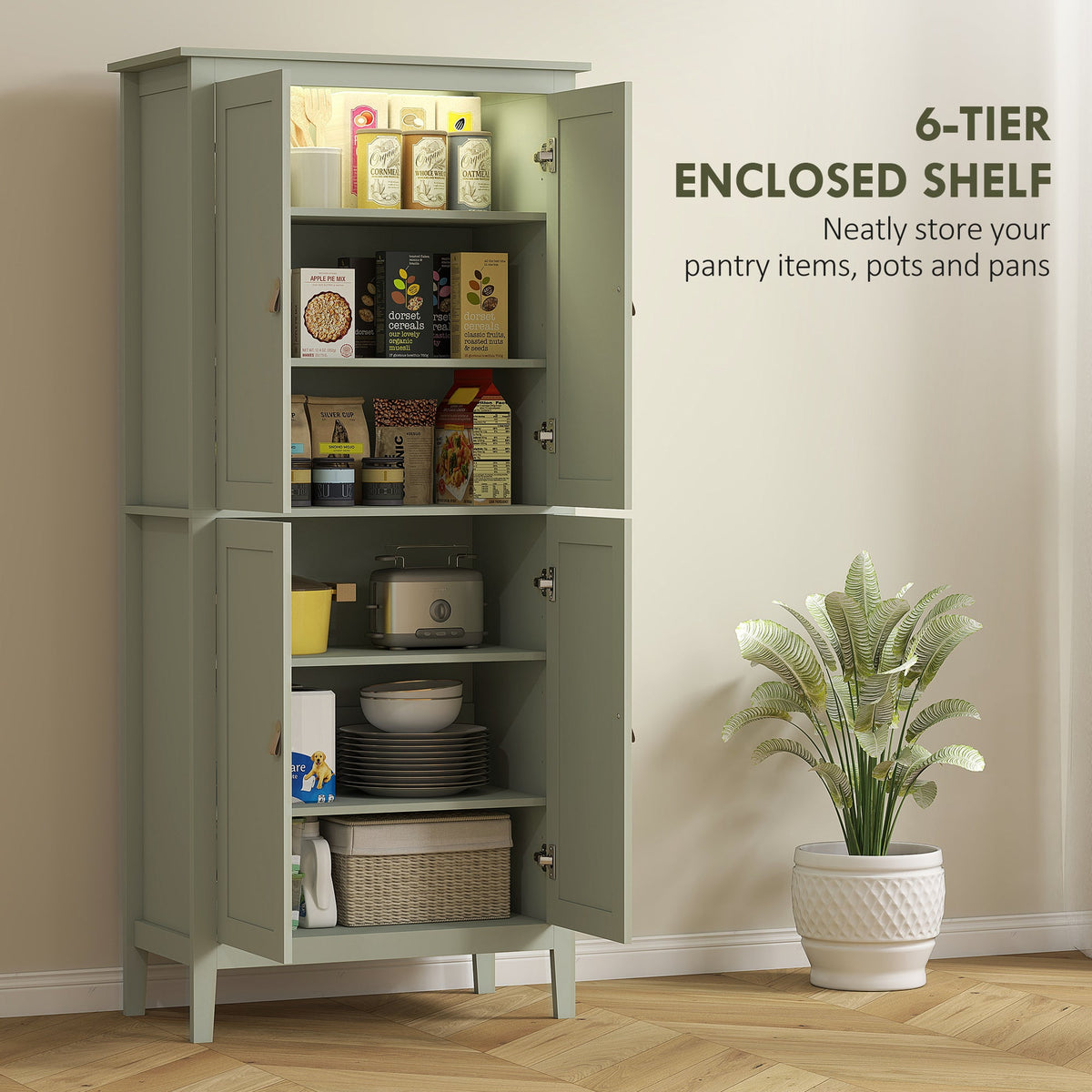 HOMCOM Tall Pantry Cupboard with Motion Sensor LED Light - Green - product image 5