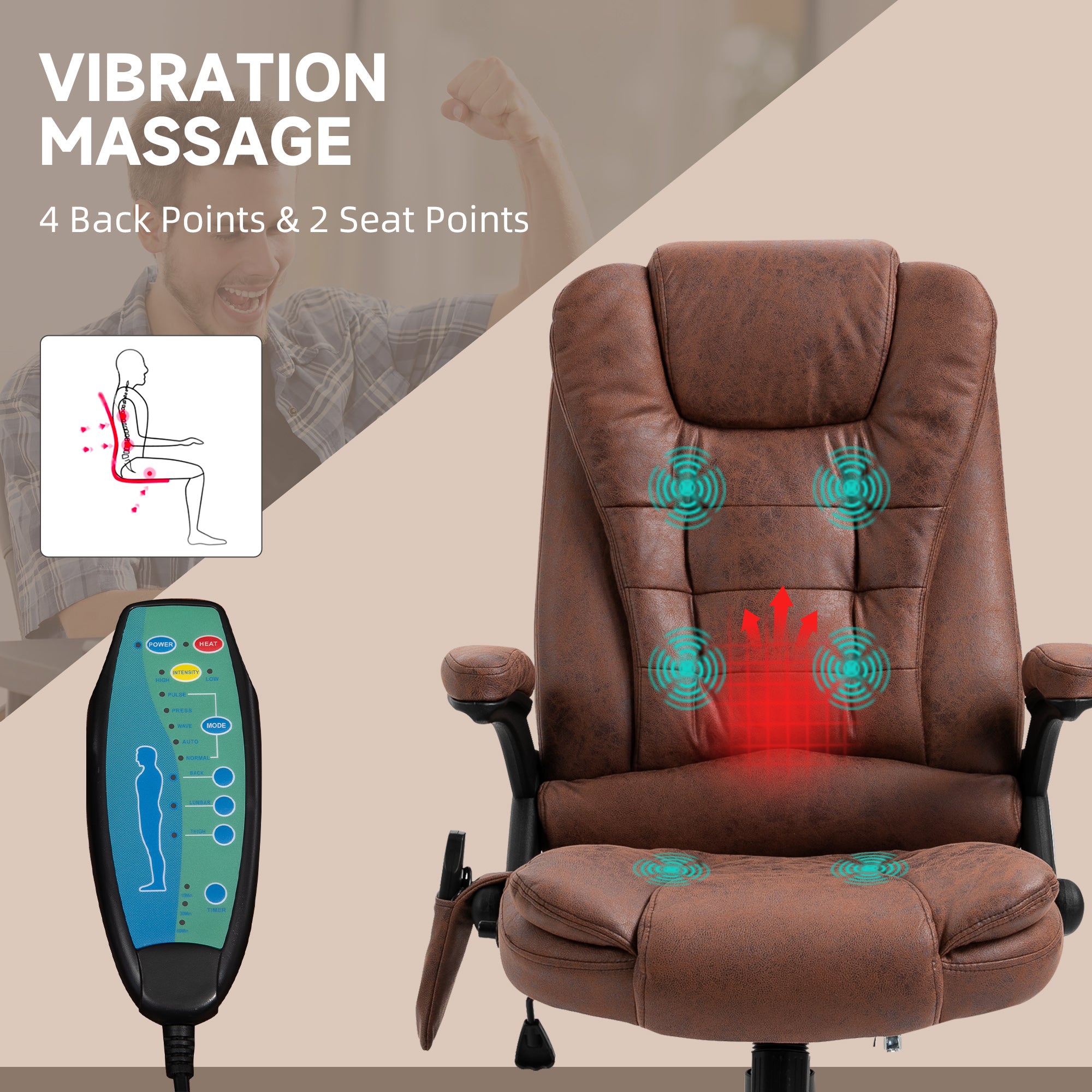 Vinsetto Massage Recliner Chair Heated Office Chair with Six Massage Points Microfiber Cloth 360 Swivel Wheels Brown