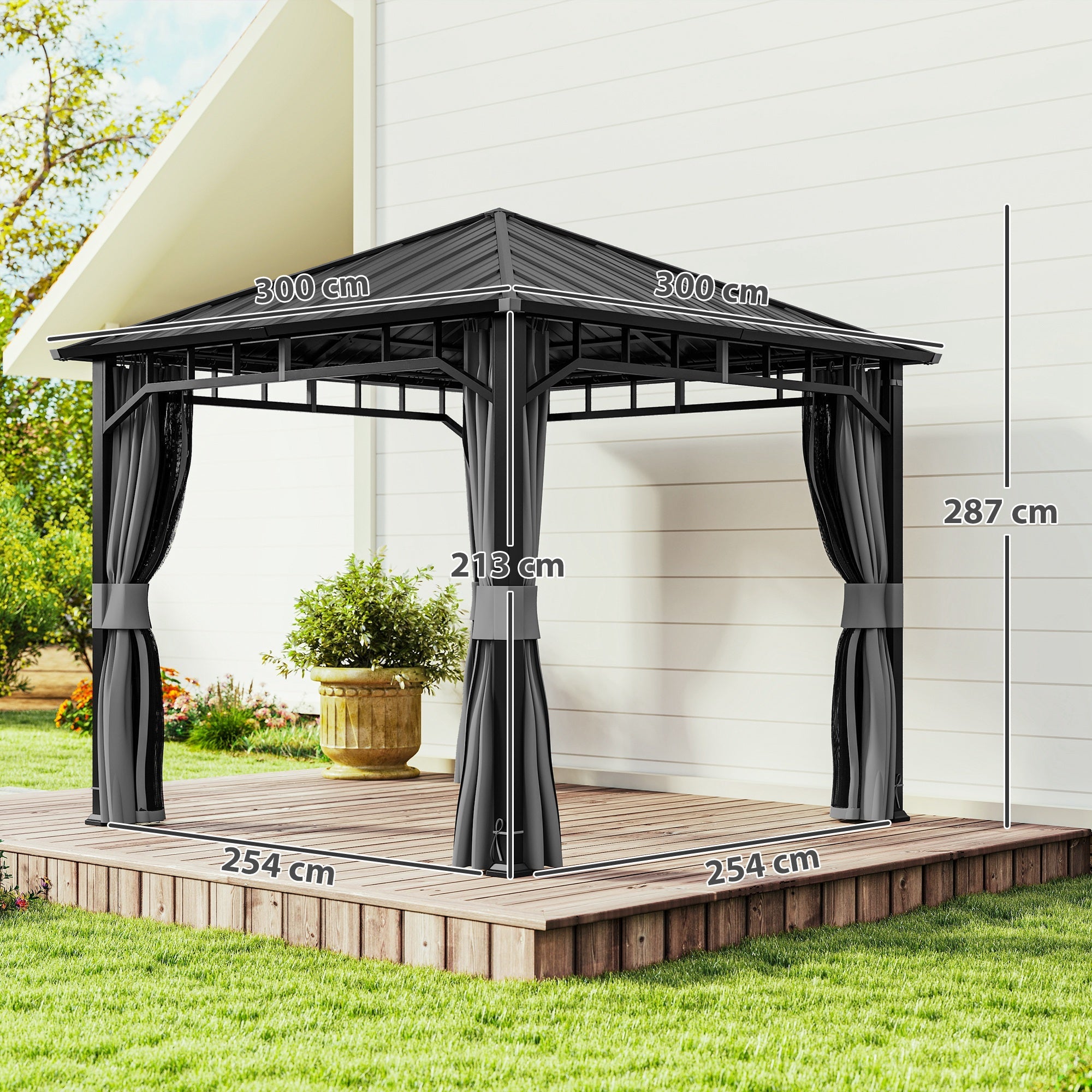 Outsunny 3 x 3(m) Hardtop Gazebo with Galvanised Steel Roof, Waterproof Permanent Pavilion Garden Gazebo with Netting and Curtains for Patio, Deck