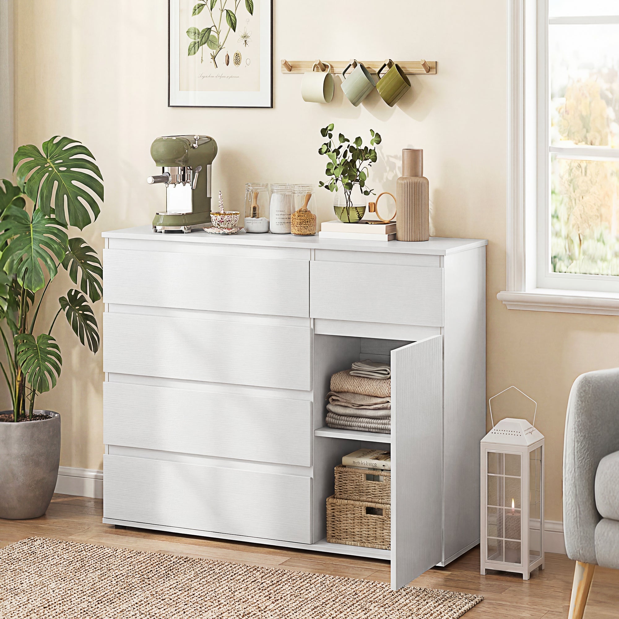 HOMCOM Modern Sideboard, Sideboard Storage Cabinet with 5 Drawers, Adjustable Shelf, Soft-Close Door, White