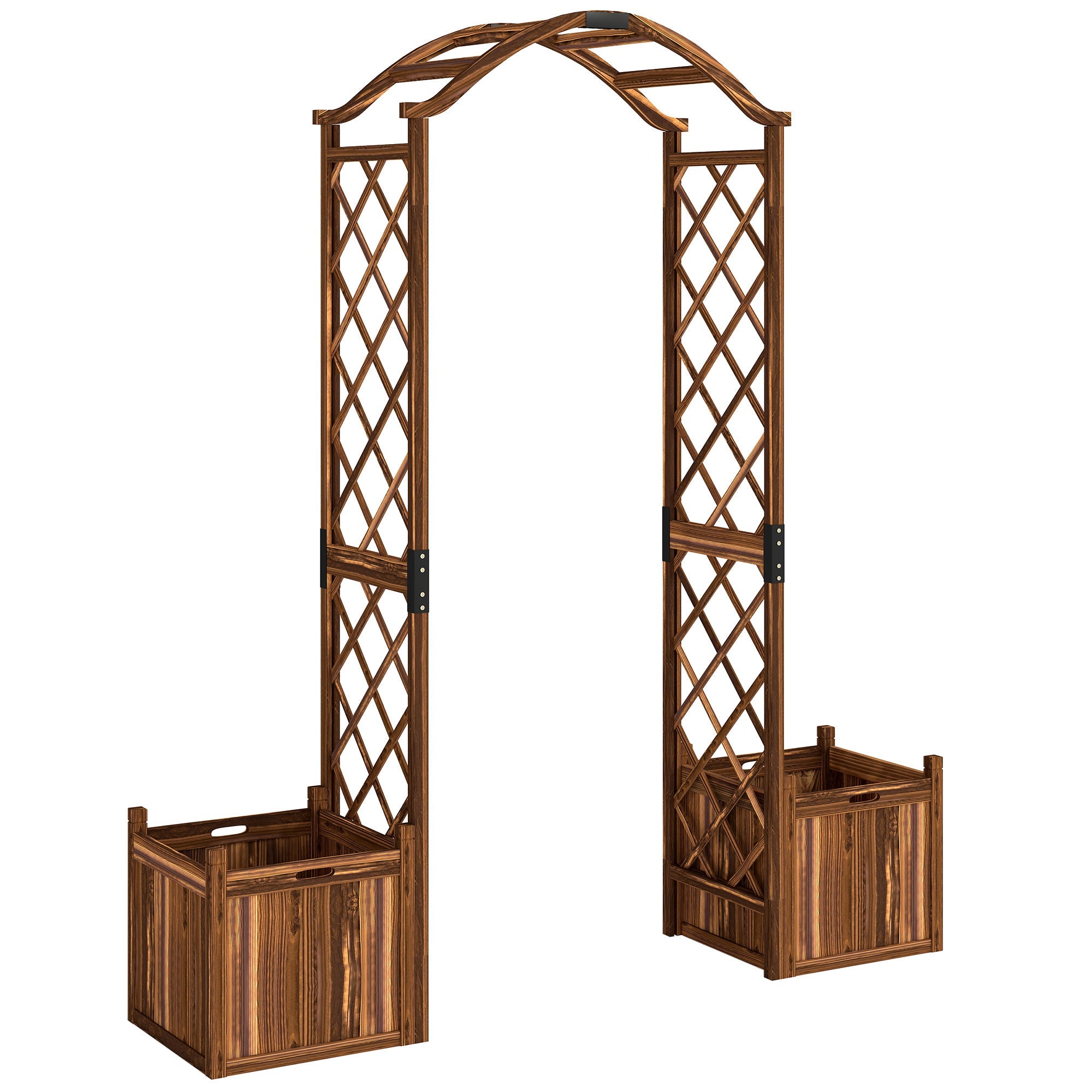 Outsunny Wooden Garden Arch with 2 Planter Boxes, Outdoor Rose Arch Trellis for Climbing Vines, Carbonised