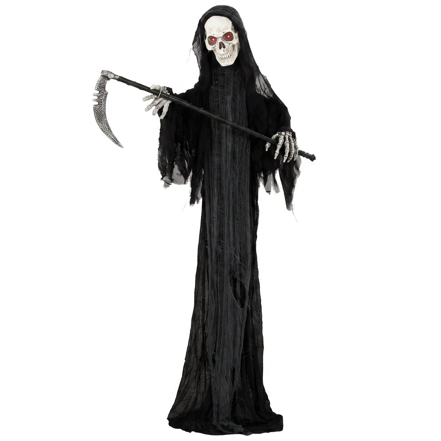 HOMCOM 183cm Life Size Animated Grim Reaper Halloween Decoration, Scary Halloween Animatronics Decor with Sound Touch Activated
