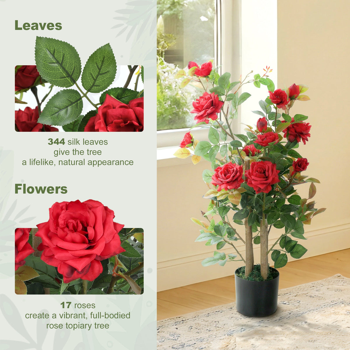 HOMCOM 90cm Artificial Rose Tree Set of 2, Decorative Fake Plant with 344 Silk Leaves 17 Flowers for Outdoor Indoor Decor, Red