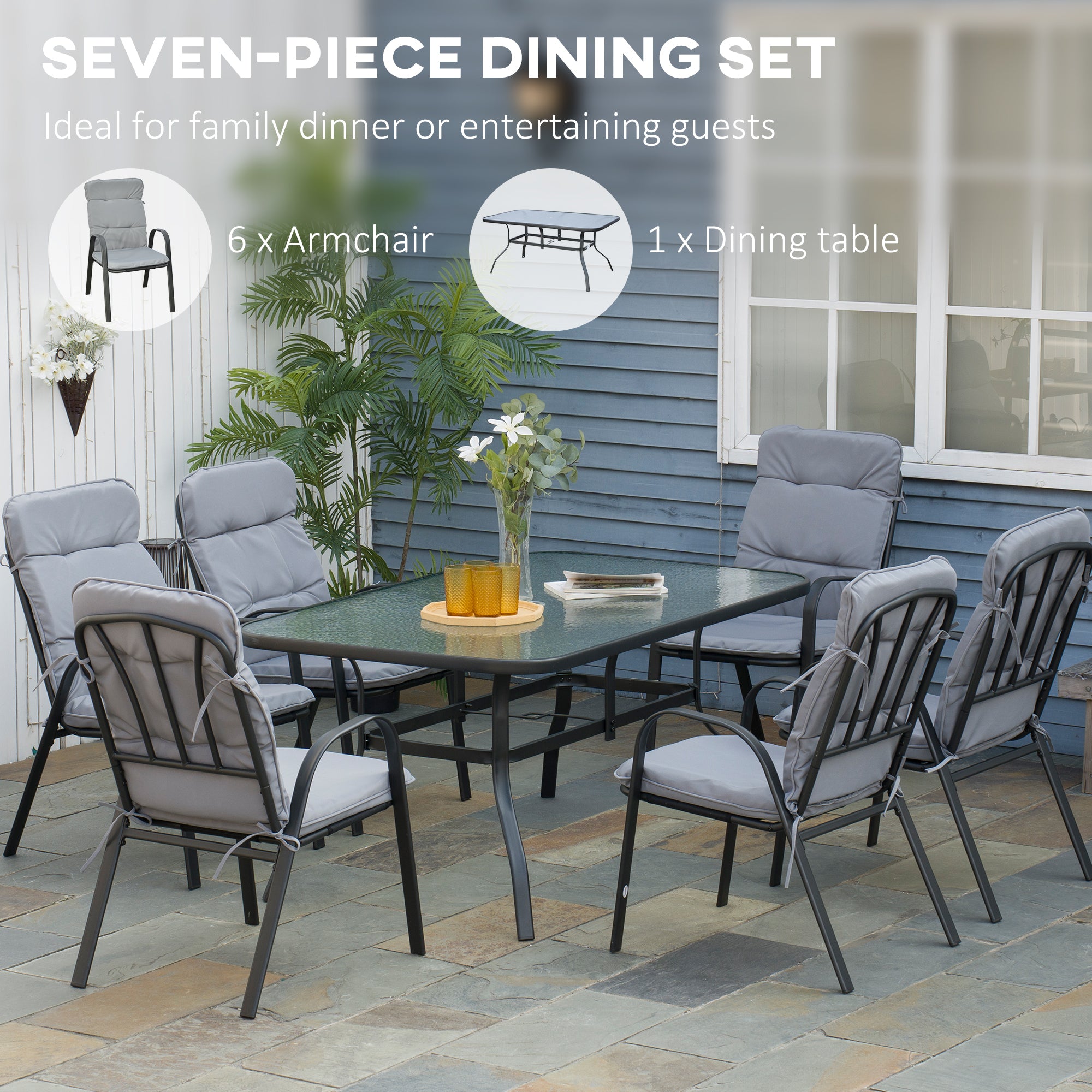 Outsunny Seven-Piece Garden Dining Set with Cushions - Grey