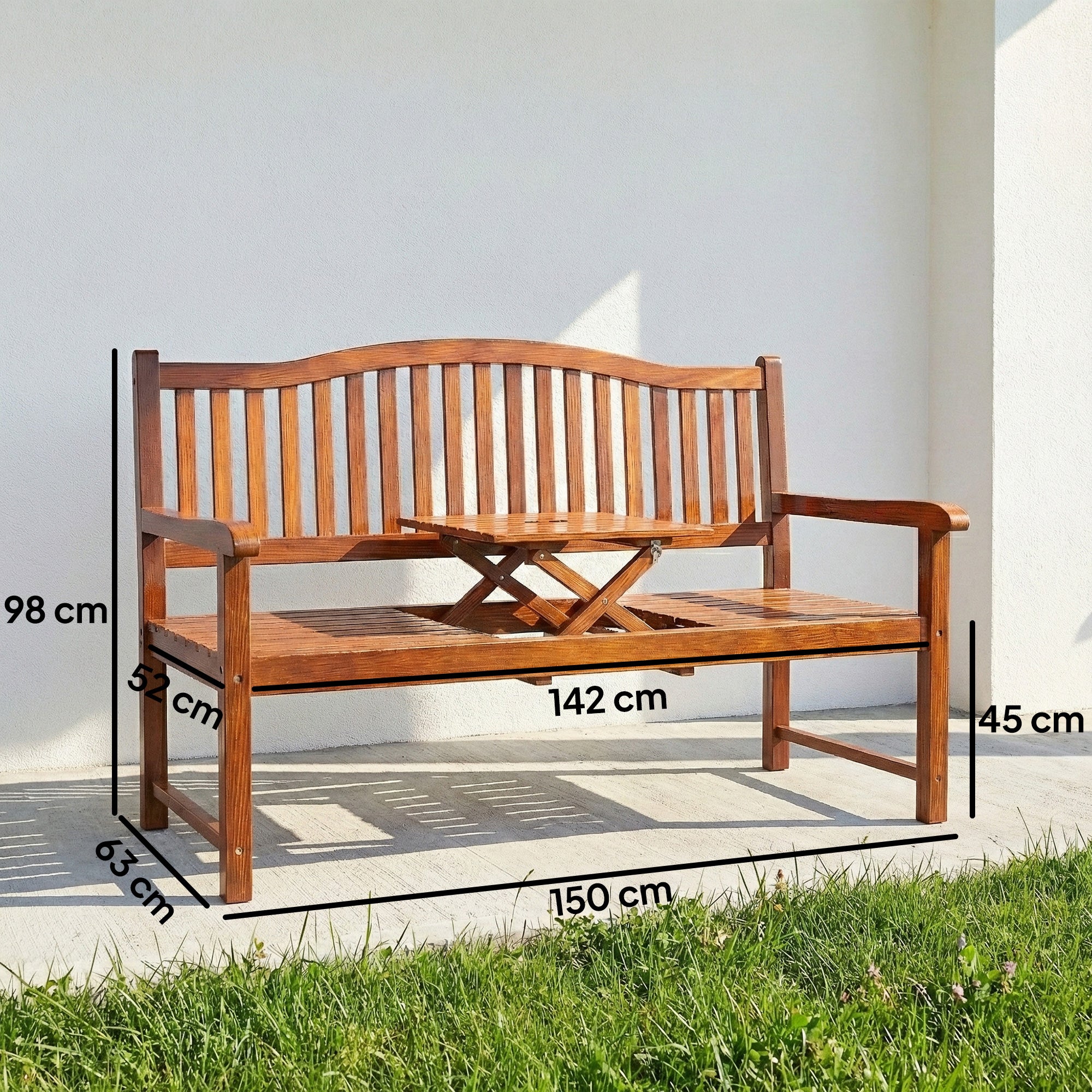 Outsunny Garden Loveseat Bench, 2-3 Seater Outdoor Bench with Liftable Table and Waterproof Cover, Light Brown