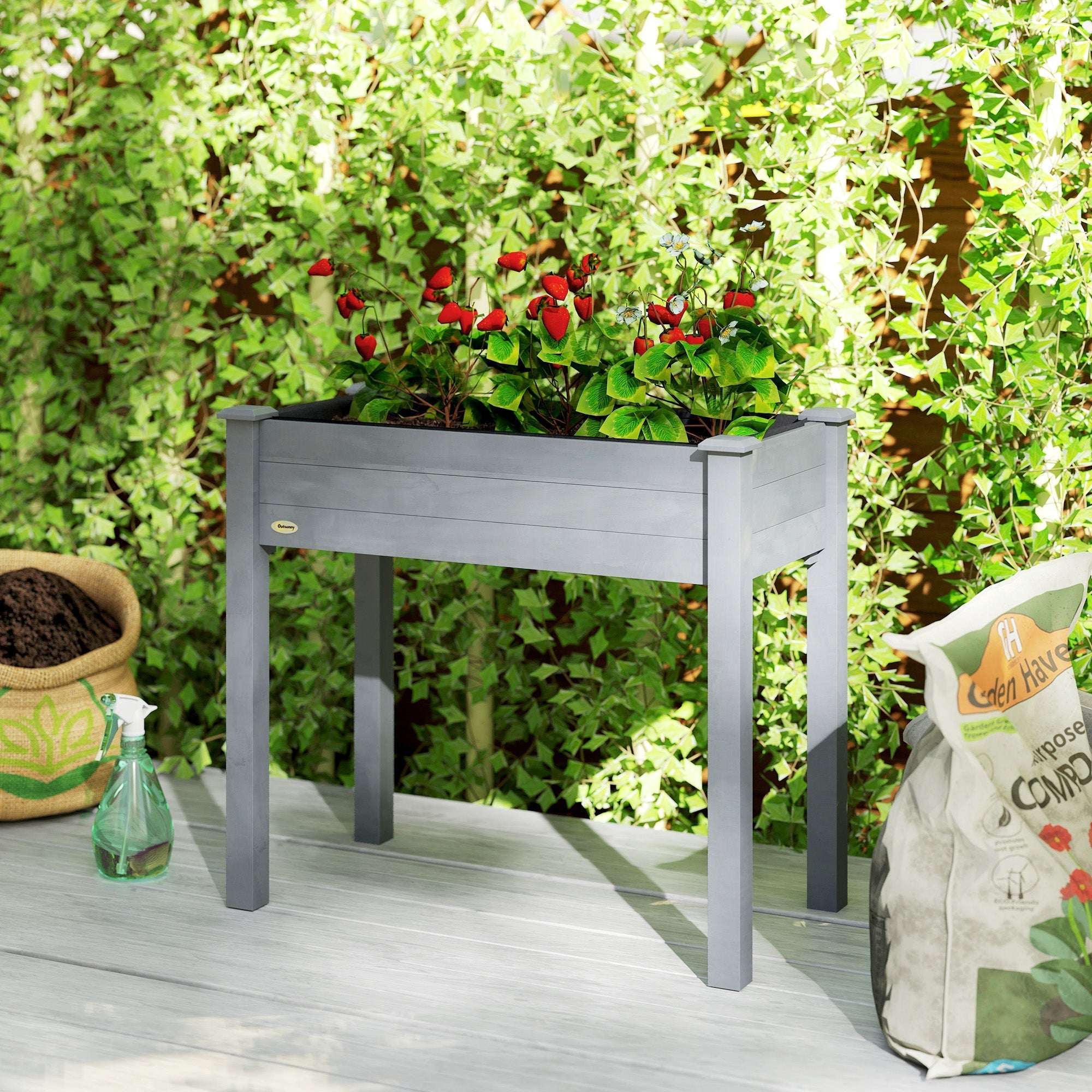 Outsunny Raised Bed for Garden, Wooden Elevated Planter Box with Bed Liner, for Flower Vegetable Herb, Dark Grey