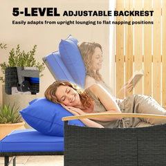 Outsunny Double Garden Rattan Daybed, Wicker Sun Bed Chaise Lounger with Storage Ottoman, 4-Level Adjustable Backrest, Brown
