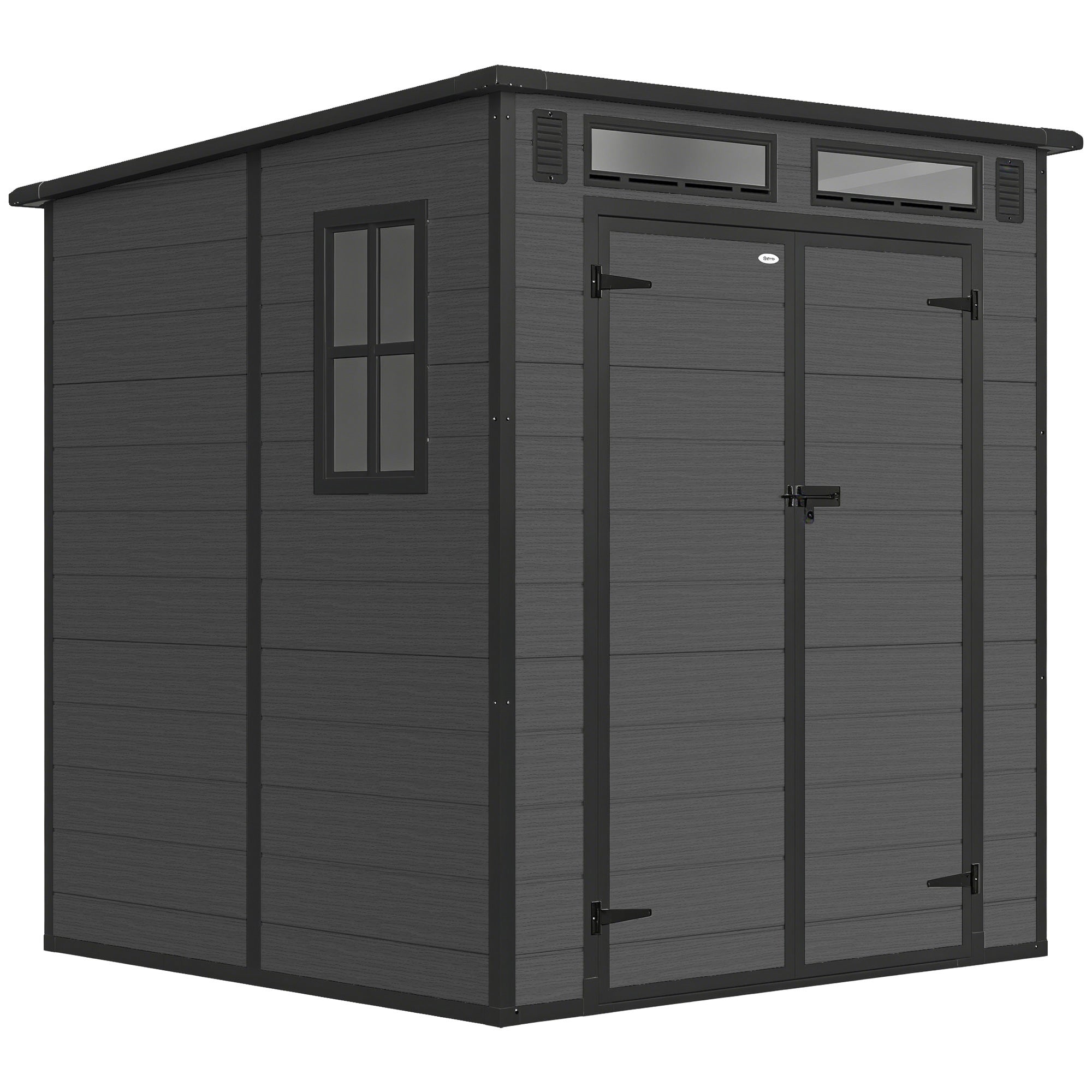 Outsunny 6 x 6 ft Plastic Garden Shed, Wood-Effect Outdoor Storage Shed with Floor, Windows, Lockable Doors and Vents, Dark Grey