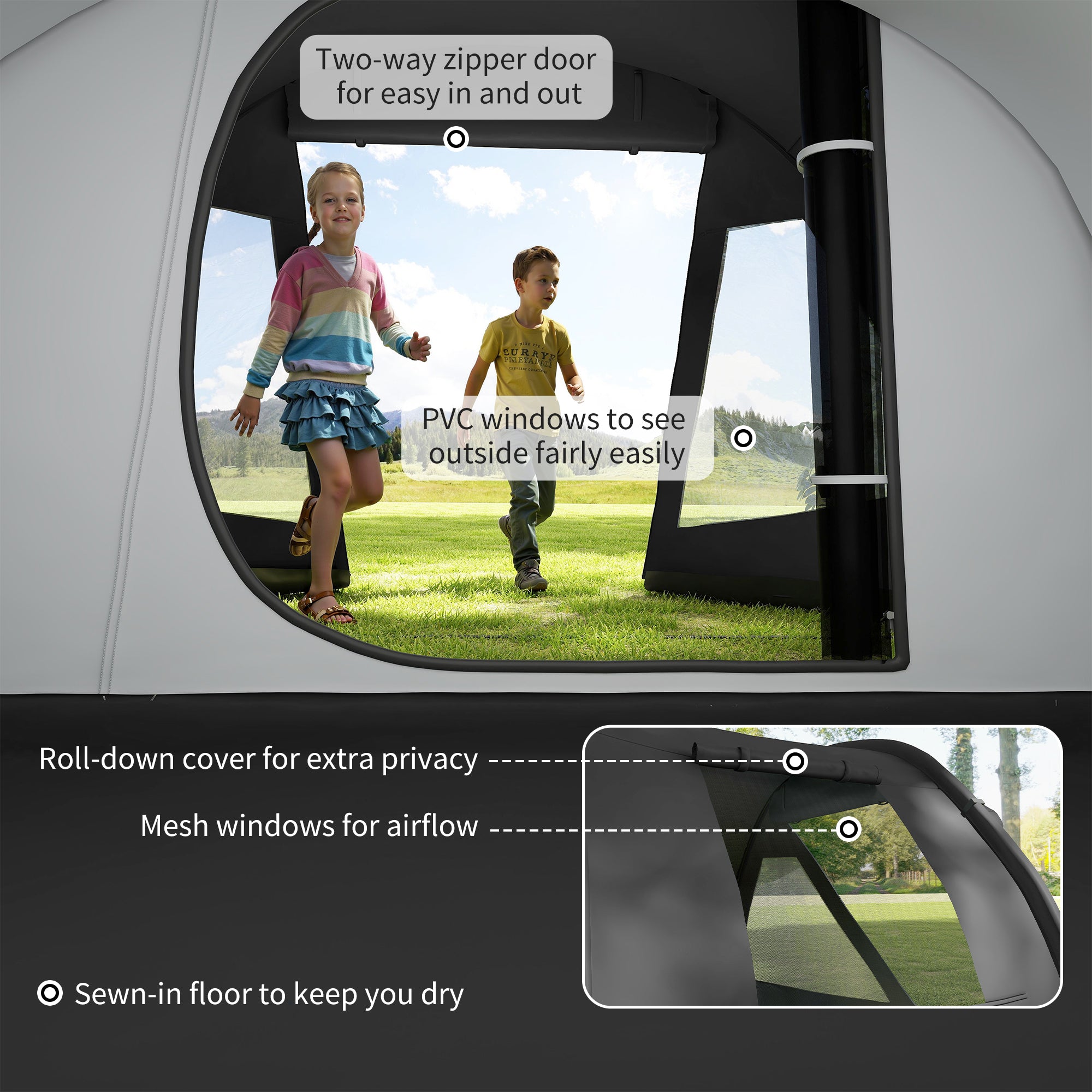 Outsunny 3-4 Man Tunnel Tent, Two Room Camping Tent with Windows, Portable Carry Bag, for Fishing, Hiking, Sports, Festival - Black