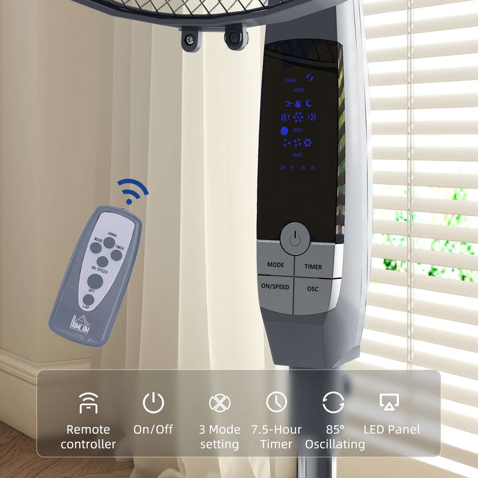 HOMCOM 16in Pedestal Standing Floor Fan, Oscillation Cooling Fan with Remote Control, Grey