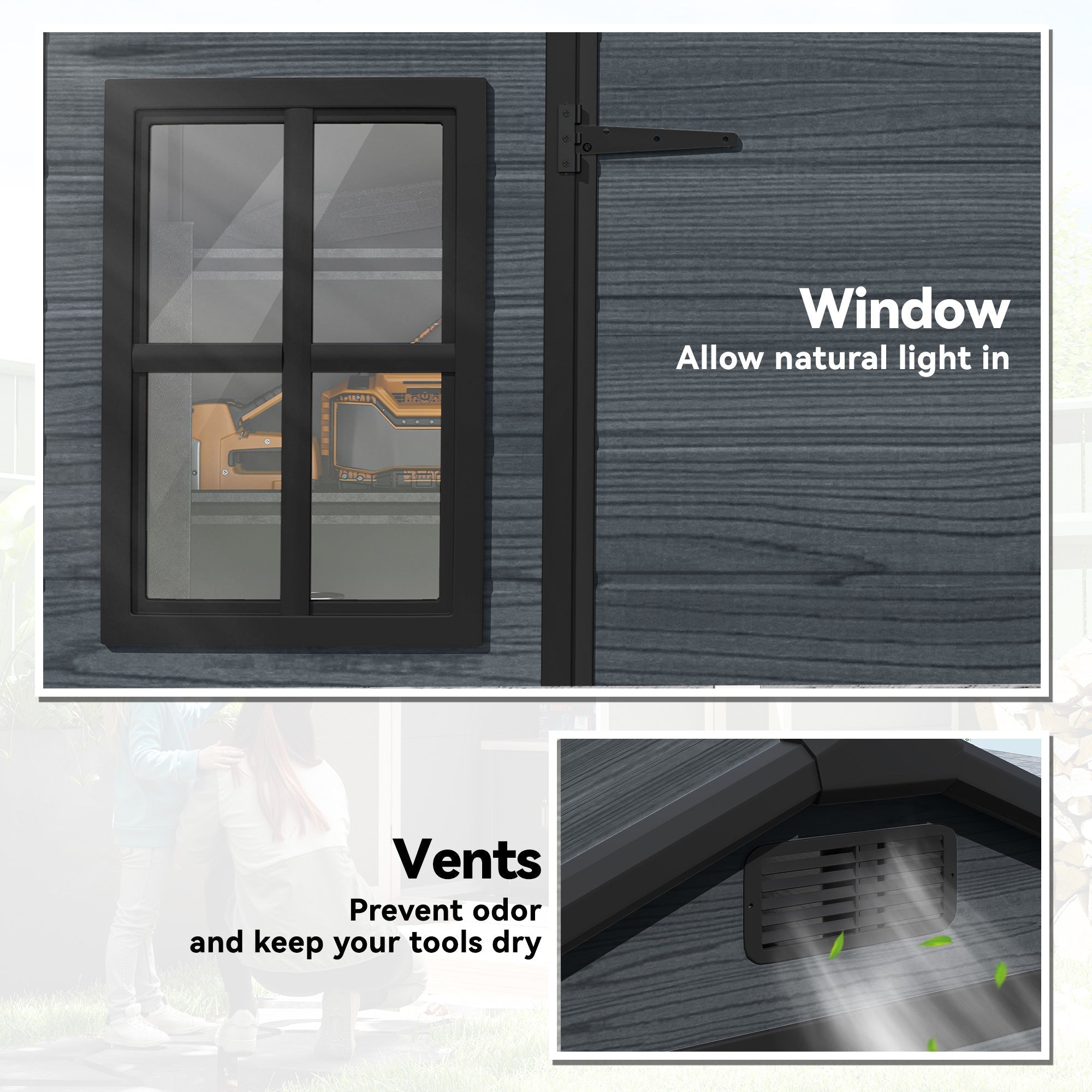 Outsunny 8 x 4 ft Resin Garden Shed, Wood-Effect Outdoor Storage Shed with Floor, Windows, Lockable Doors and Vents, Dark Grey