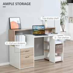 HOMCOM Computer Desk with Drawers and Storage Shelves, Office Desk Writing Table with Printer Stand, Large Workstation for Study Play Work Home Office, 137 x 55 x 92cm, Oak