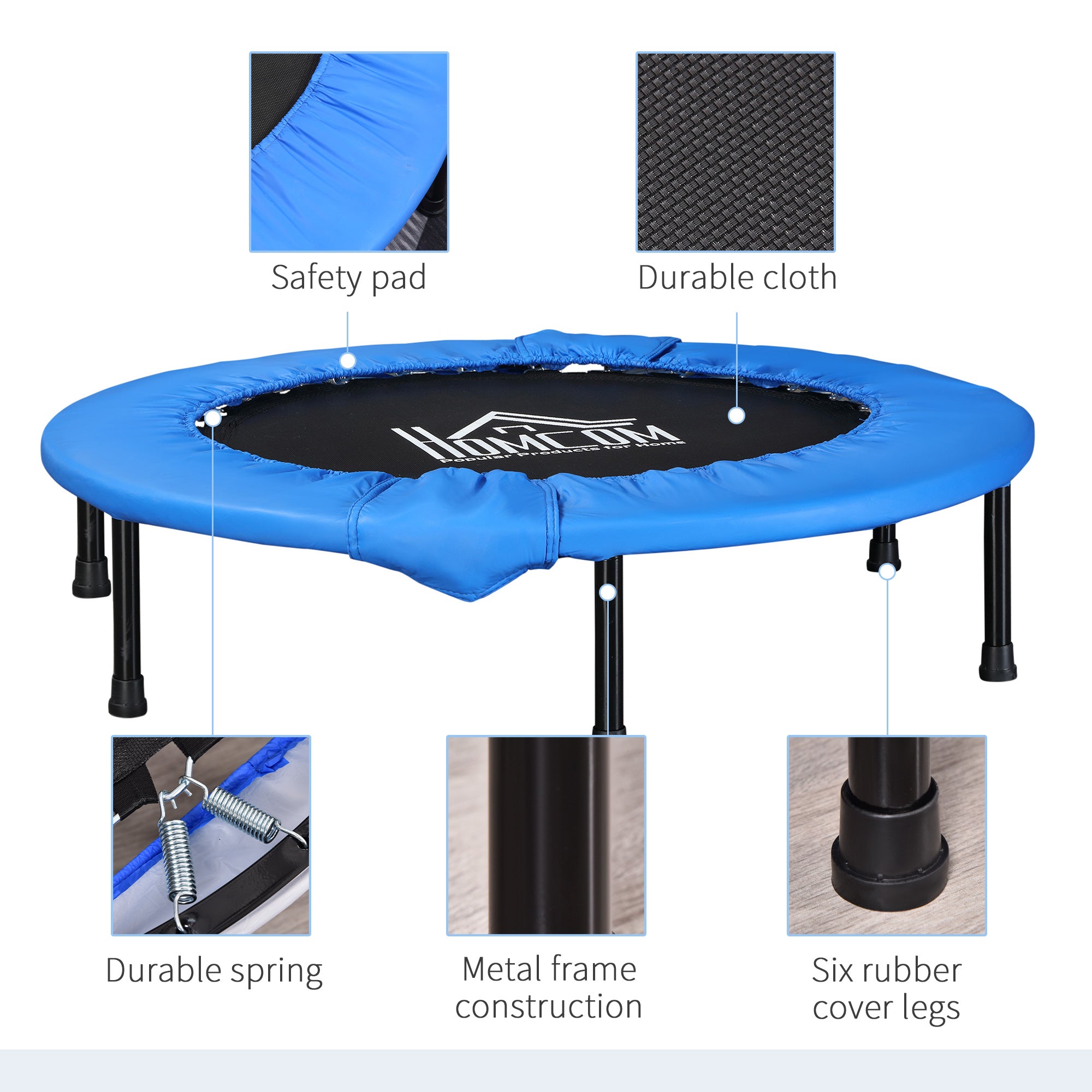 HOMCOM 96cm Mini Fitness Trampoline Home Gym Yoga Exercise Rebounder Indoor Outdoor Jumper with Safety Pad, Support Up to 100 KG, Blue and Black