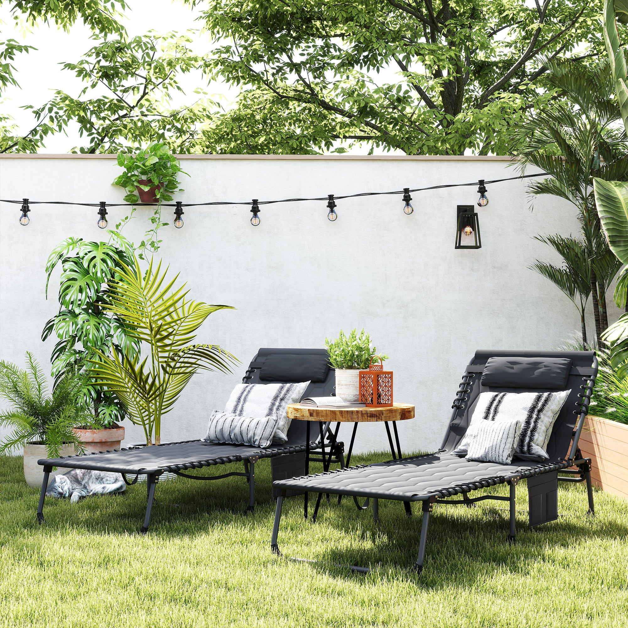 Outsunny Set of Two Sun Loungers, with Five-Position Reclining Backs - Black