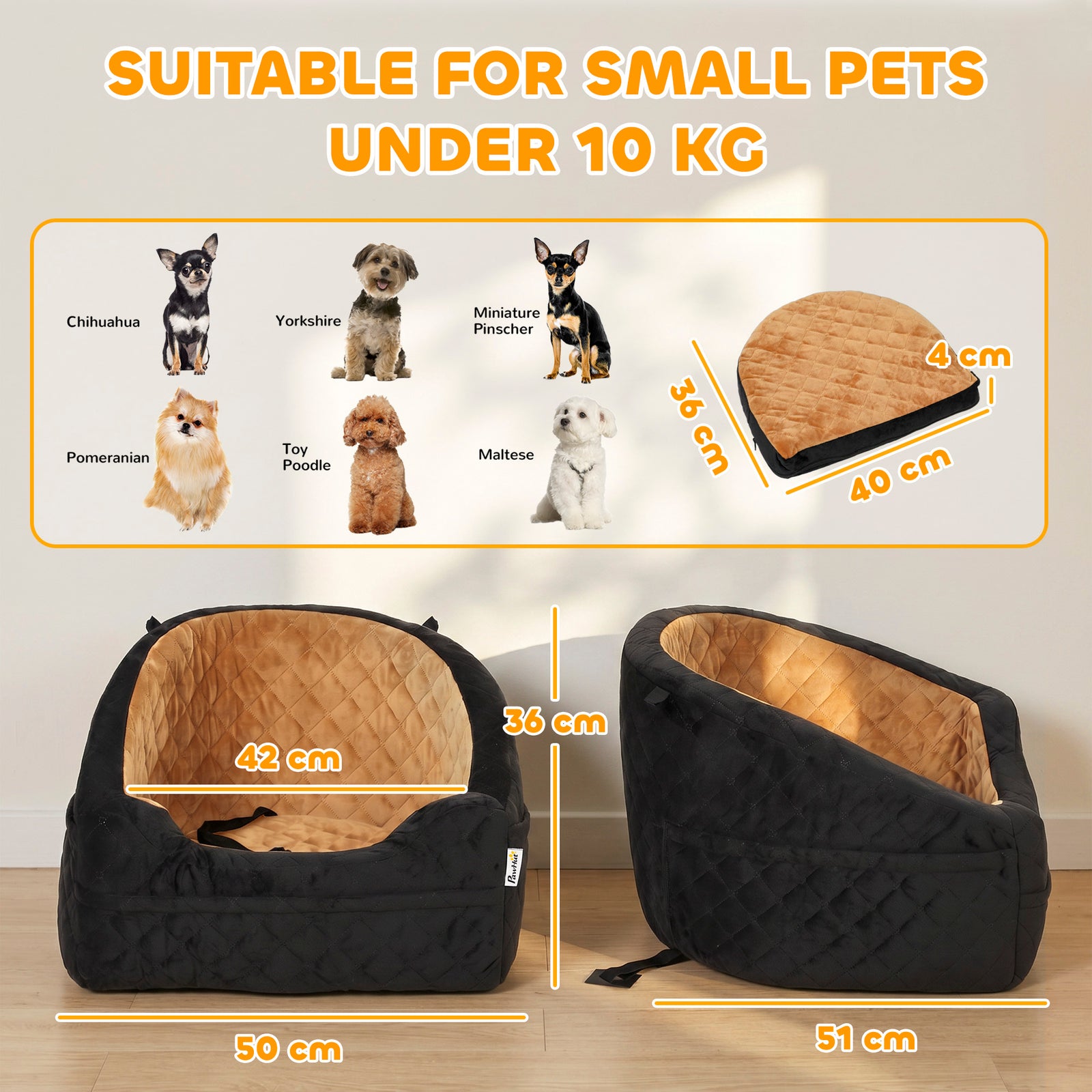 PawHut Dog Car Seat, Detachable Washable Dog Booster Seat with Thick Cushion, Seat Belt, Pockets for Small Under 10kg, Brown