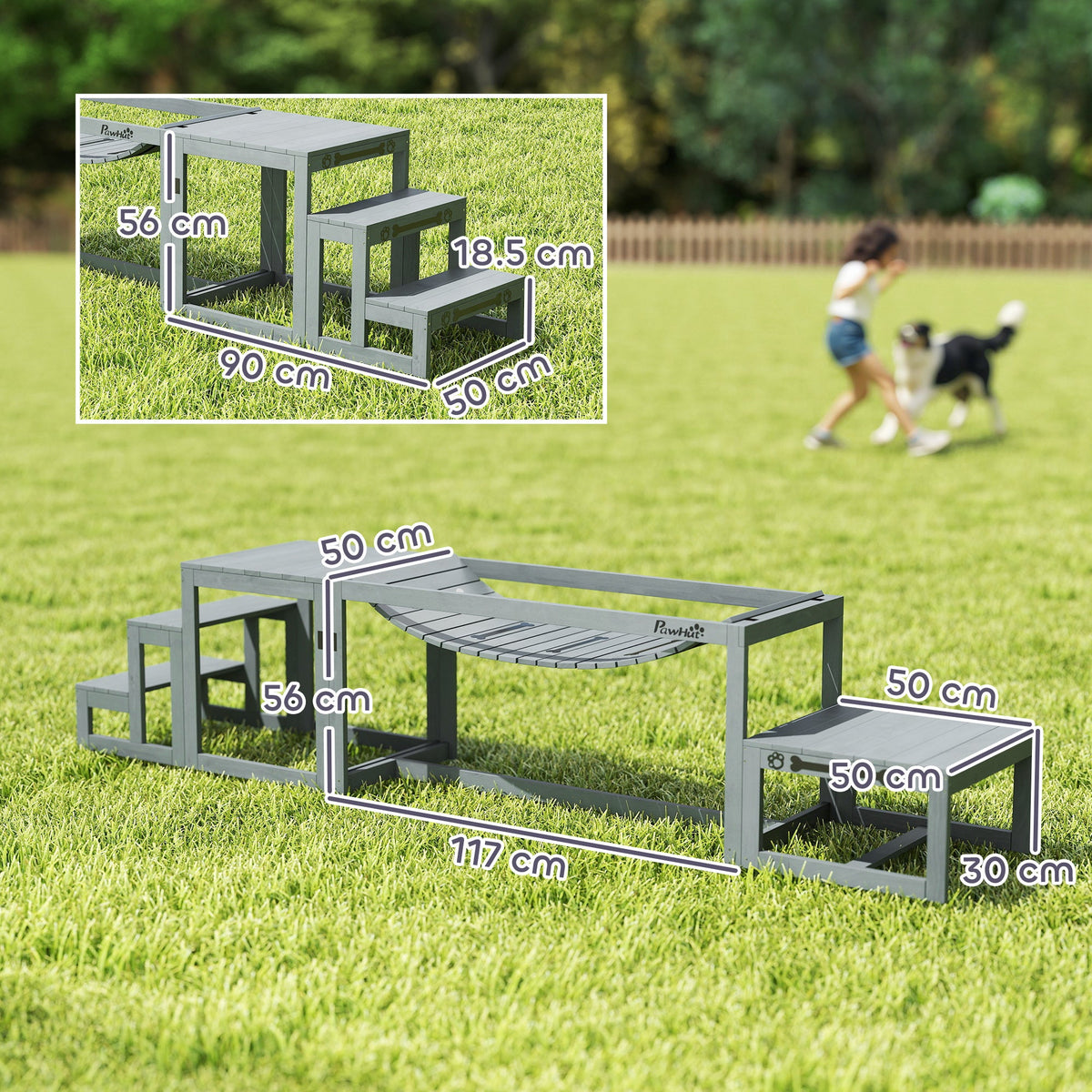 PawHut 3 Pieces Wooden Dog Agility Training Equipment with Soft Bridge, Pause Platform and Pet Stair for Outdoor, Grey