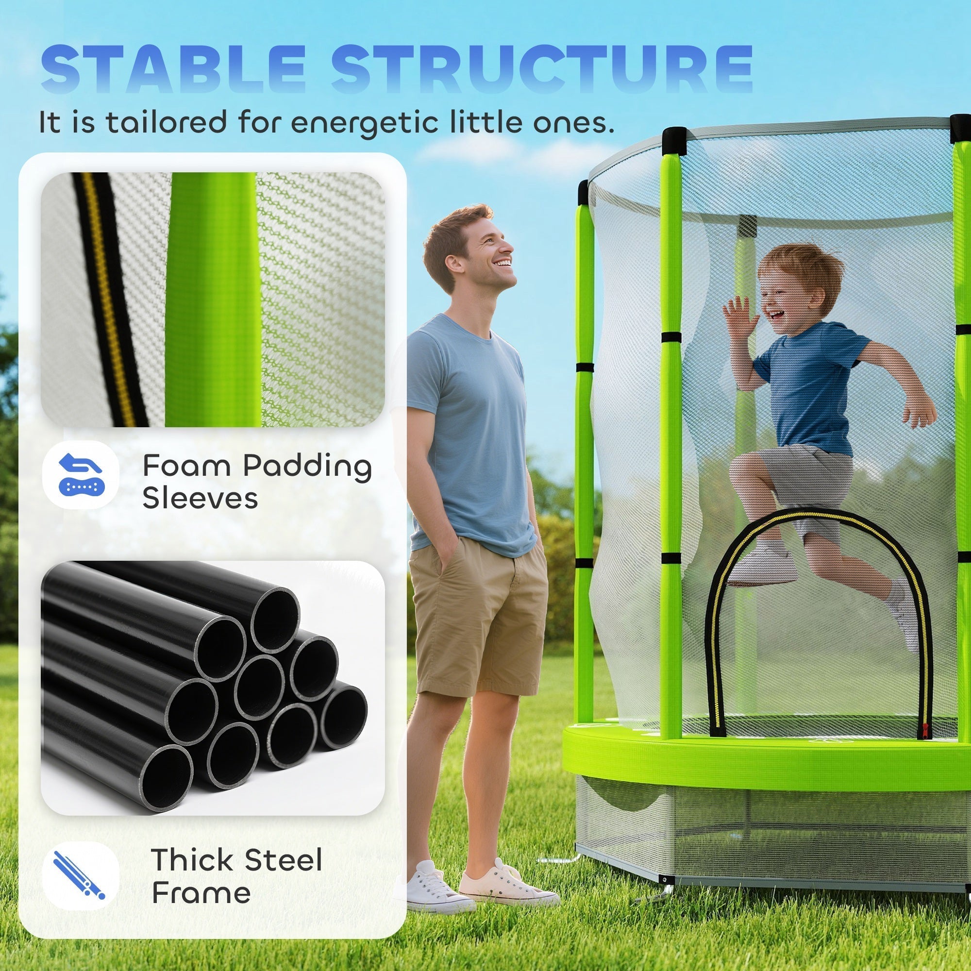 AIYAPLAY 4.6ft Toddler Trampoline w/ Safety Enclosure Net, for Indoor Outdoor Use, Ages 3-6 Years, Green