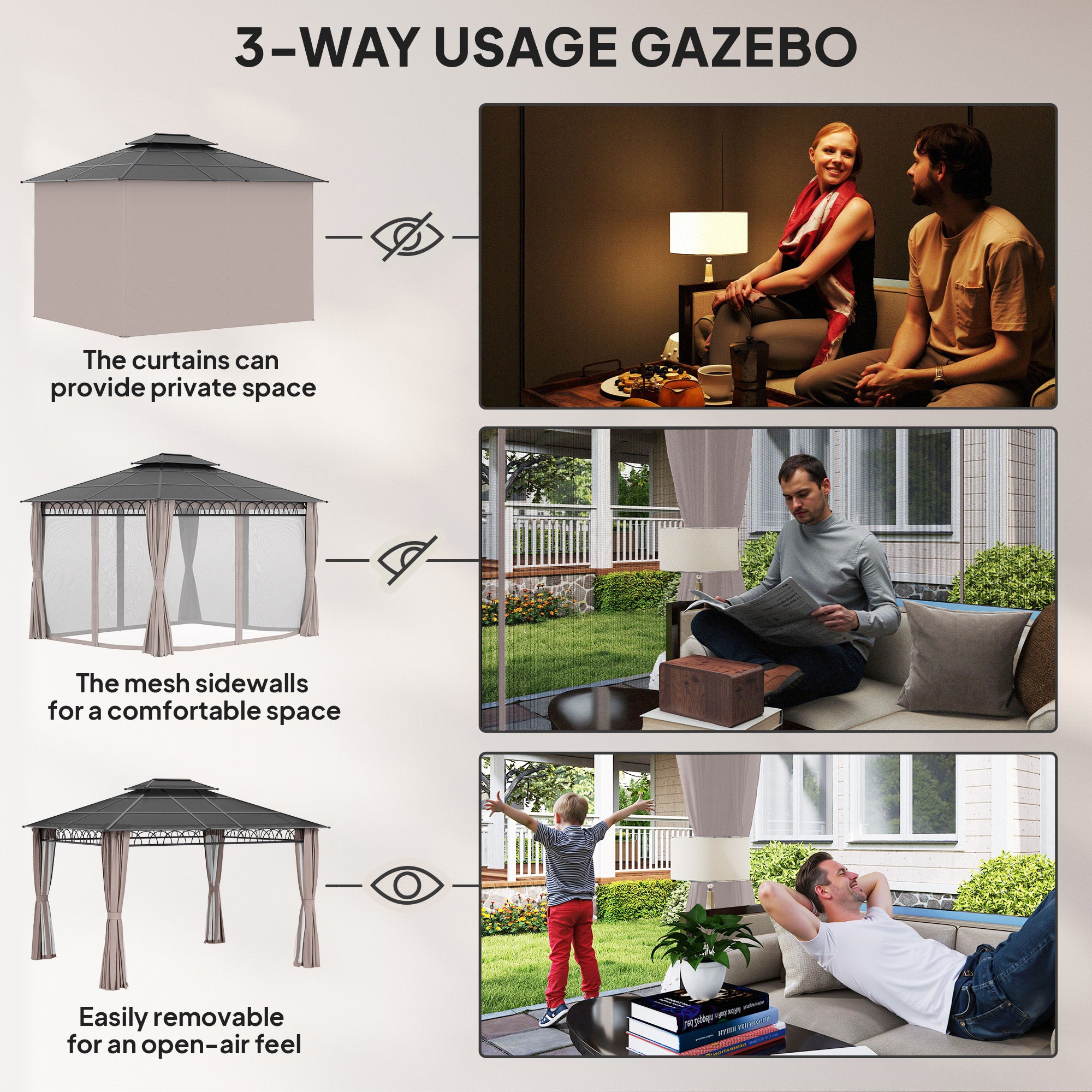 Outsunny 3.6 x 3 (m) Outdoor Polycarbonate Gazebo, Double√Ç Roof Hard Top Gazebo with Nettings√Ç &√Ç Curtains for Garden, Lawn, Patio