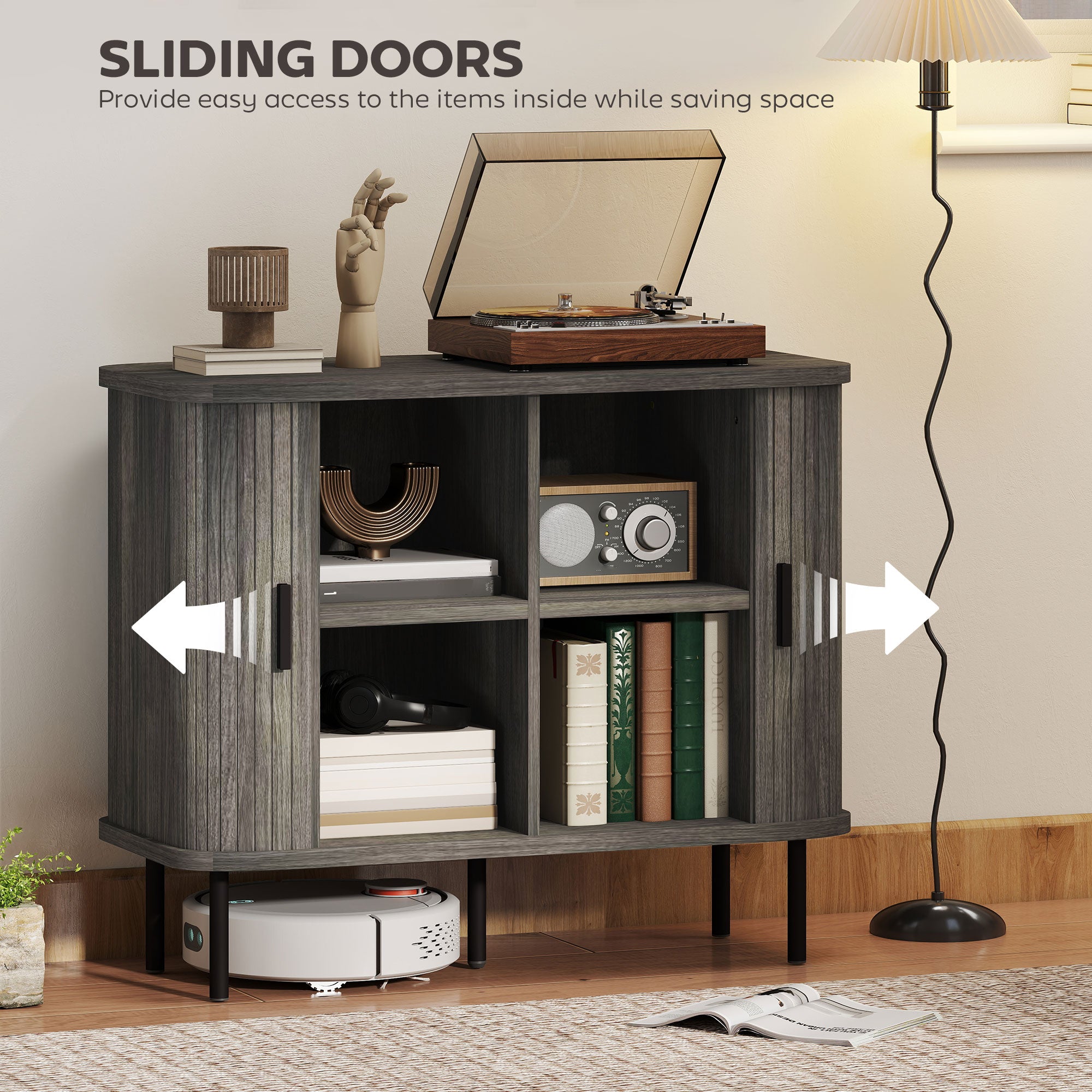 HOMCOM Mid-Century Modern Sideboard Storage Cabinet with Slatted Tambour Sliding Doors, Kitchen Cabinet with Steel Legs, Grey