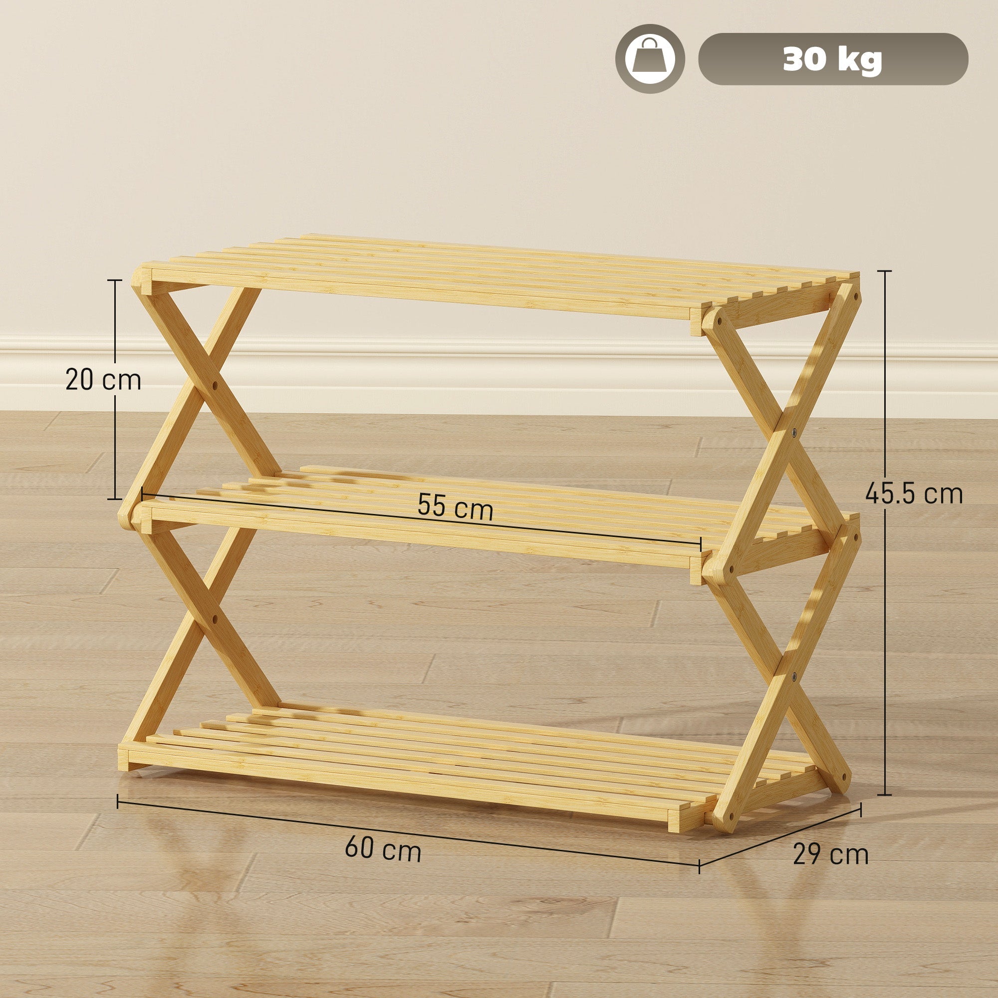 HOMCOM Three-Tier Folding Bamboo Shoe Rack - Natural Finish
