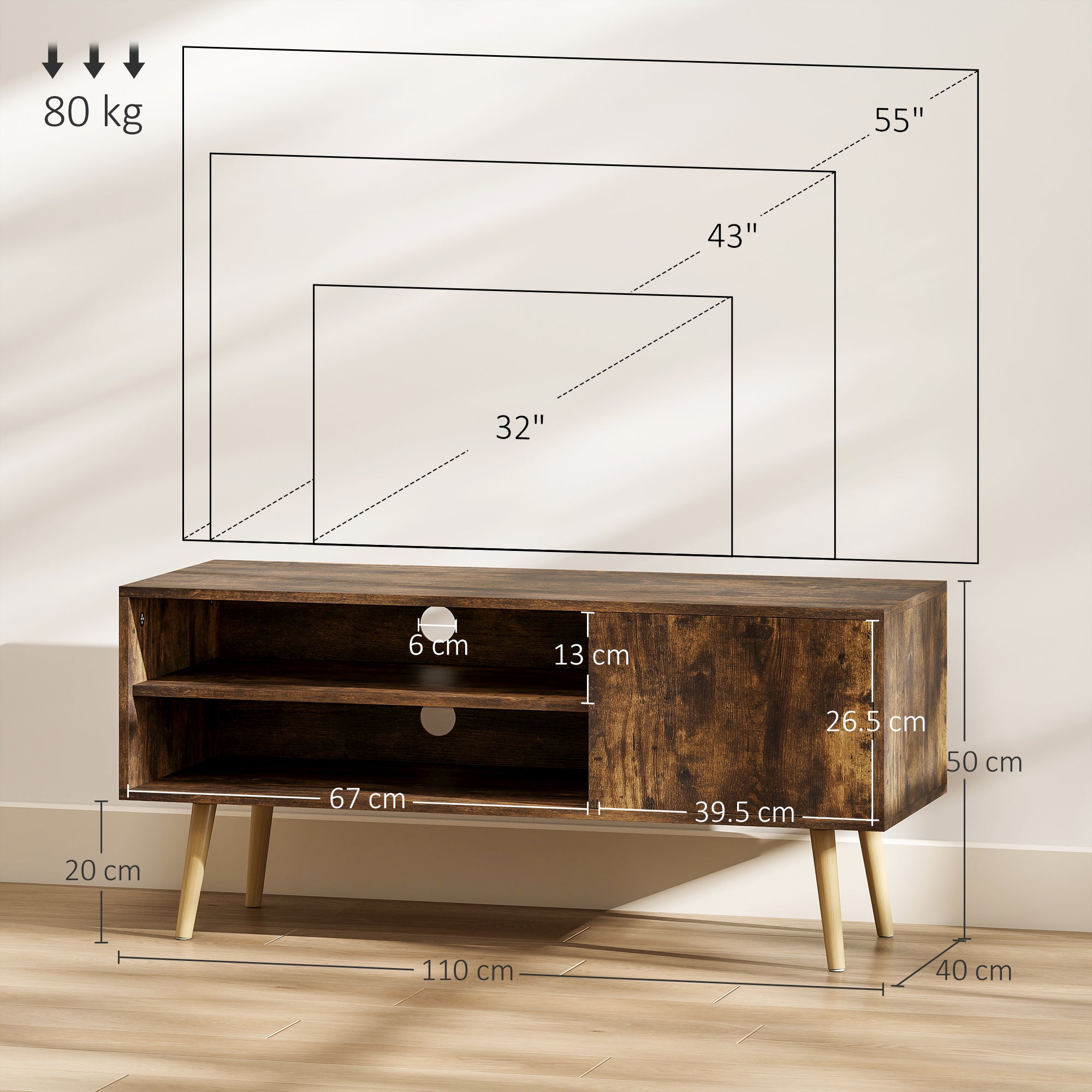 HOMCOM TV Stand up to 55 Inches, TV Unit with Open Shelves and Cable Holes - Brown