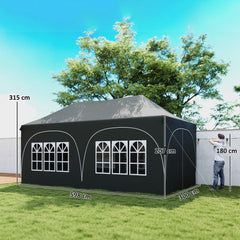 Outsunny 3 x 6m Pop Up Gazebo Shelter with Sides, 6 Sandbags, Peak Top Garden Party Tent Marquee with Carry Bag, Dark Grey