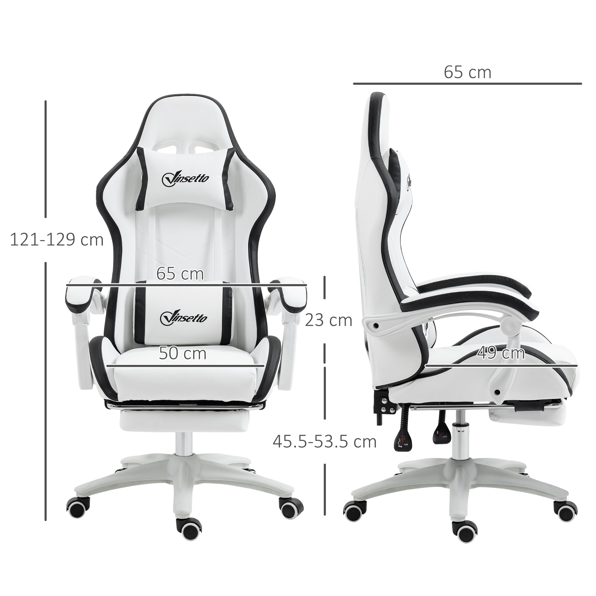 Vinsetto Computer Gaming Chair, PU Leather Office Desk Chair with Footrest, Swivel Wheels, 135√Ç¬∞ Reclining Back, Lumbar Support, Headrest for Home, White and Black
