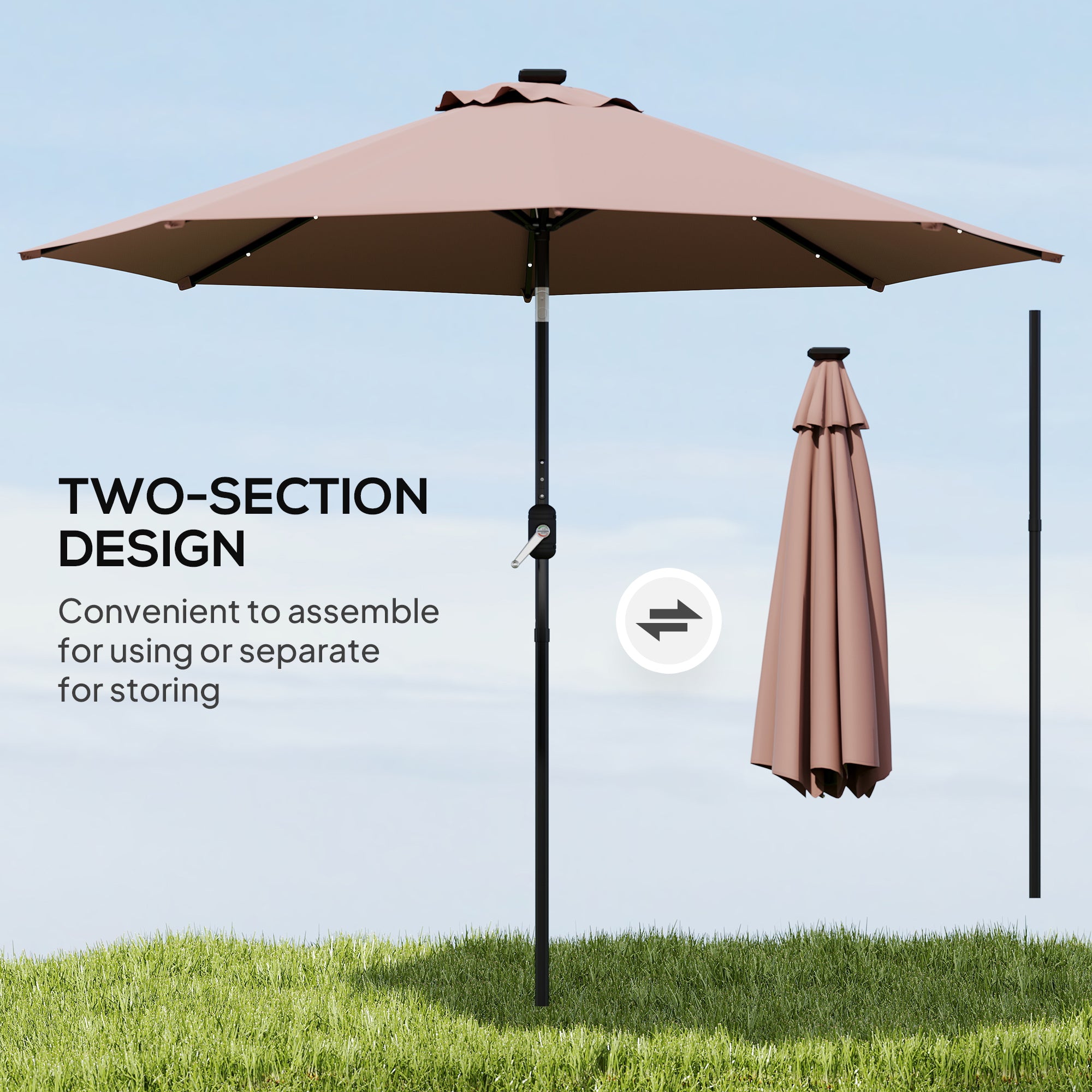 Outsunny 2.7m Garden 24 LED Light Parasol Solar Outdoor Tilt Sun Umbrella Patio Club Party Event Manual Sun Shade w/ Hand Crank and 8 Ribs, Brown