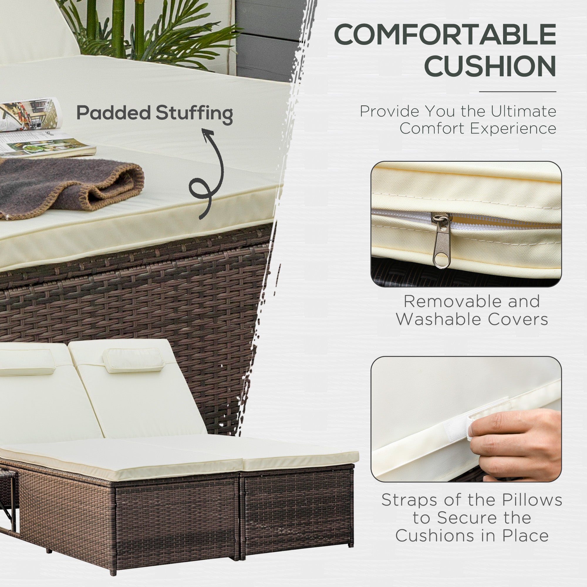 Outsunny Double Rattan Sun Lounger, Garden Daybed with 5-Level Adjustable Backrest and Flip Side Trays, Wicker Outdoor Furniture Recliner with Cushions and Pillows for Patio, Cream White