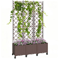 Outsunny Plastic Raised Planter with Trellis, Self Watering Raised Bed for Garden with Wheels, Drainage Holes and Plugs