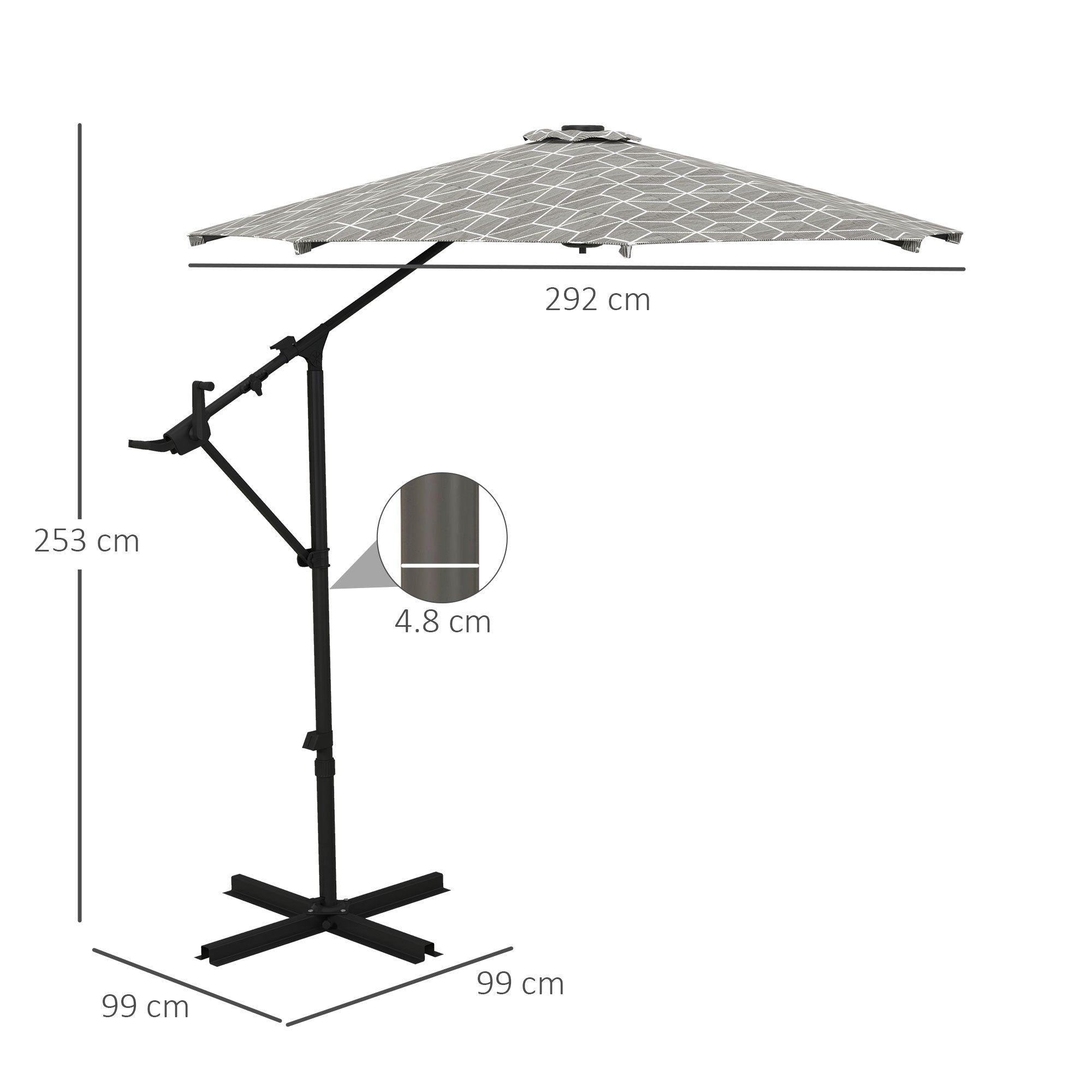 Outsunny 3(m) Convertible Cantilever Parasol and Centre-post Garden Parasol with Cross Base, 360  Rotation Banana Parasol with Crank Handle and 8 Ribs, Hanging Patio Umbrella, Black and White