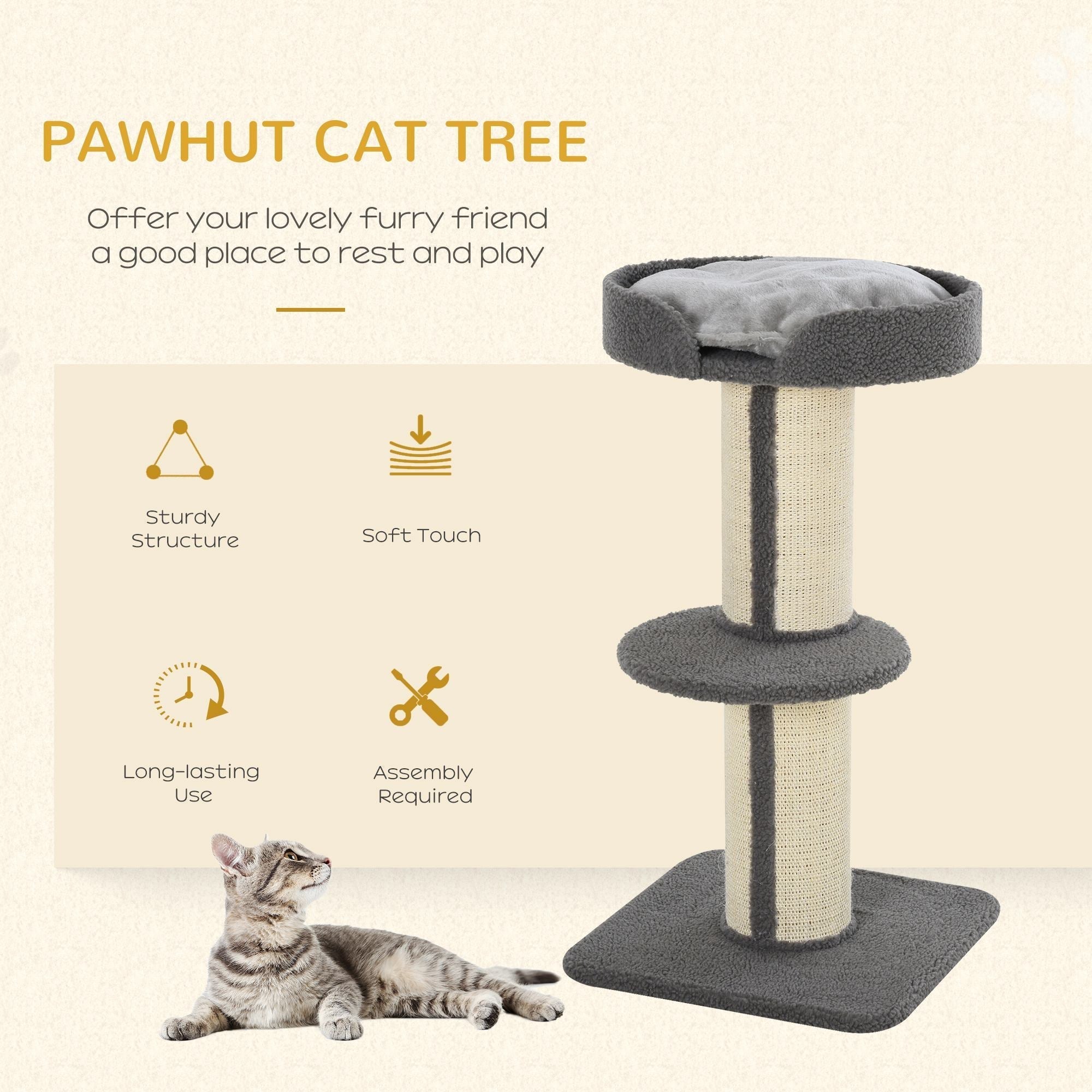 PawHut 91cm Cat Tower Scratching Posts Cat Tree for Indoor Kittens Activity Centre Grey