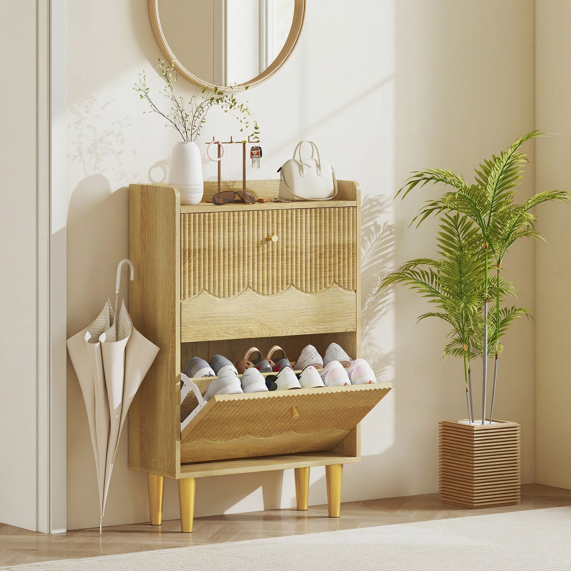 HOMCOM Narrow Shoe Cabinet, Modern Shoe Storage Cabinet with 2 Flip Drawers, Oak