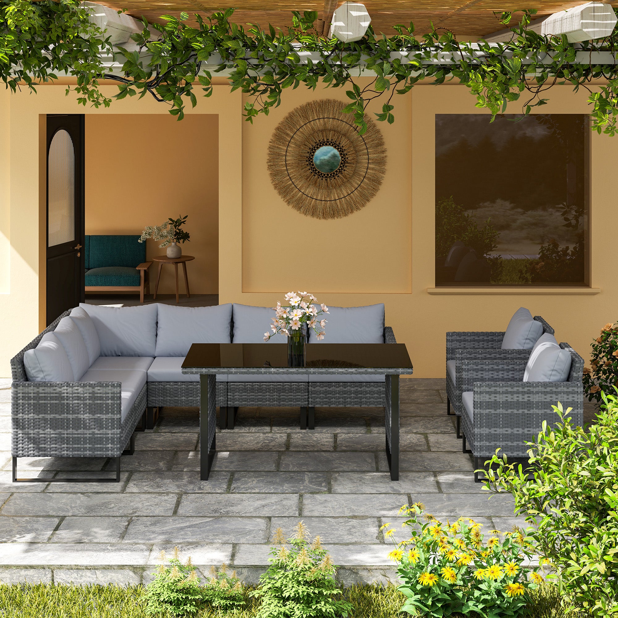 Outsunny 9 Piece Rattan Garden Furniture Set, 8 Seater Garden Corner Sofa with Cushions and Glass Top Table, Sectional Outdoor Furniture Conservatory Set for Patio, Light Grey