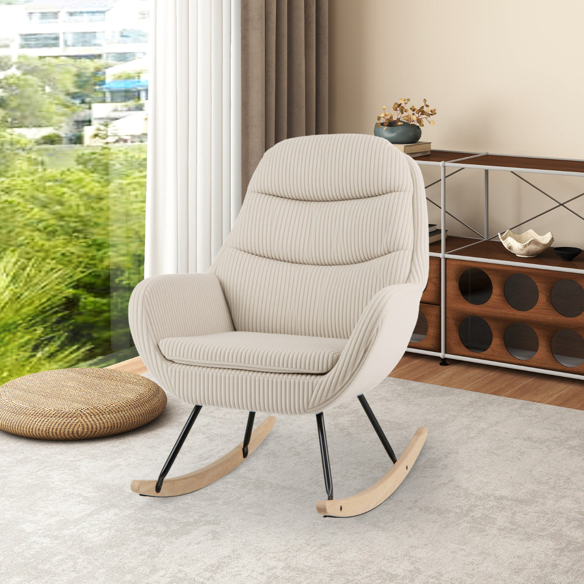 Upholstered Rocking Chair Nursery Glider Rocker with Padded Backrest-Beige