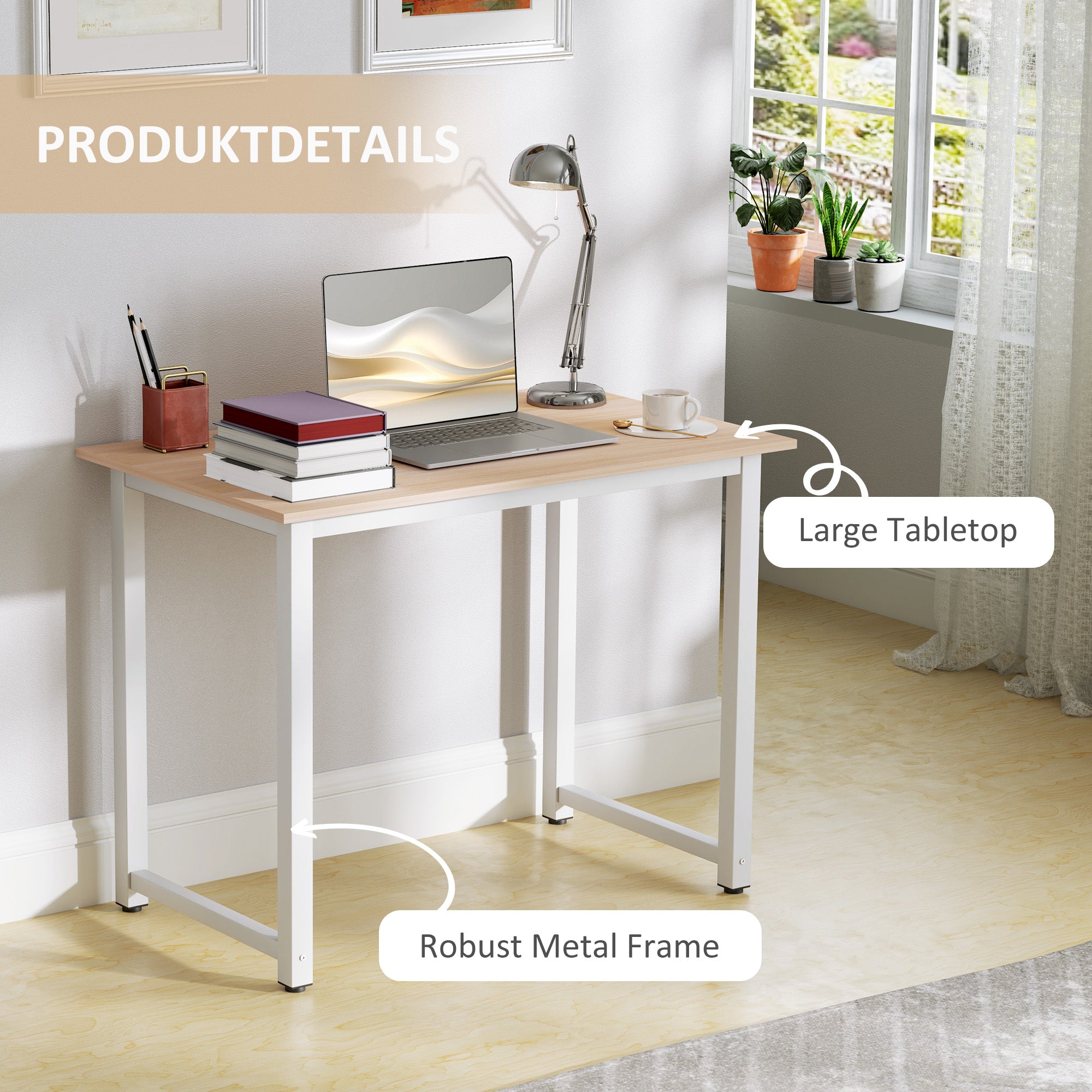 HOMCOM Computer Desk, Writing Table, 100 x 60 x 76cm Workstation for Home Office, Study with Metal Frame, Simple Assembly, White