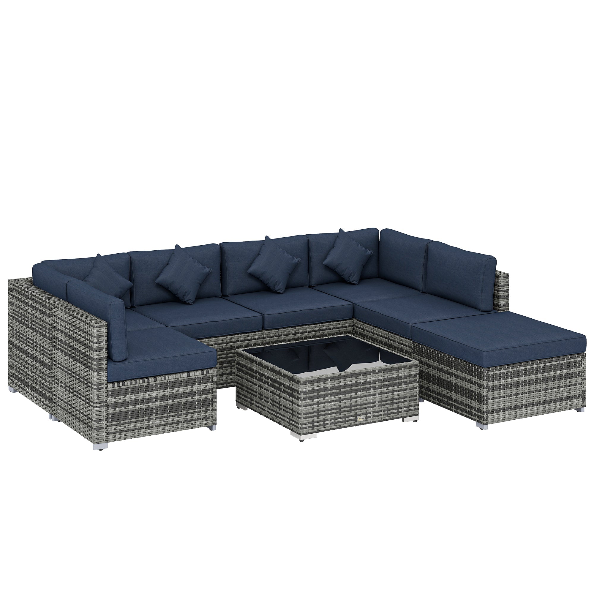 Outsunny 8 Pieces PE Rattan Corner Sofa Set, Outdoor Garden Furniture Set, Patio Wicker Sofa Seater w/ Cushion, Dark Blue